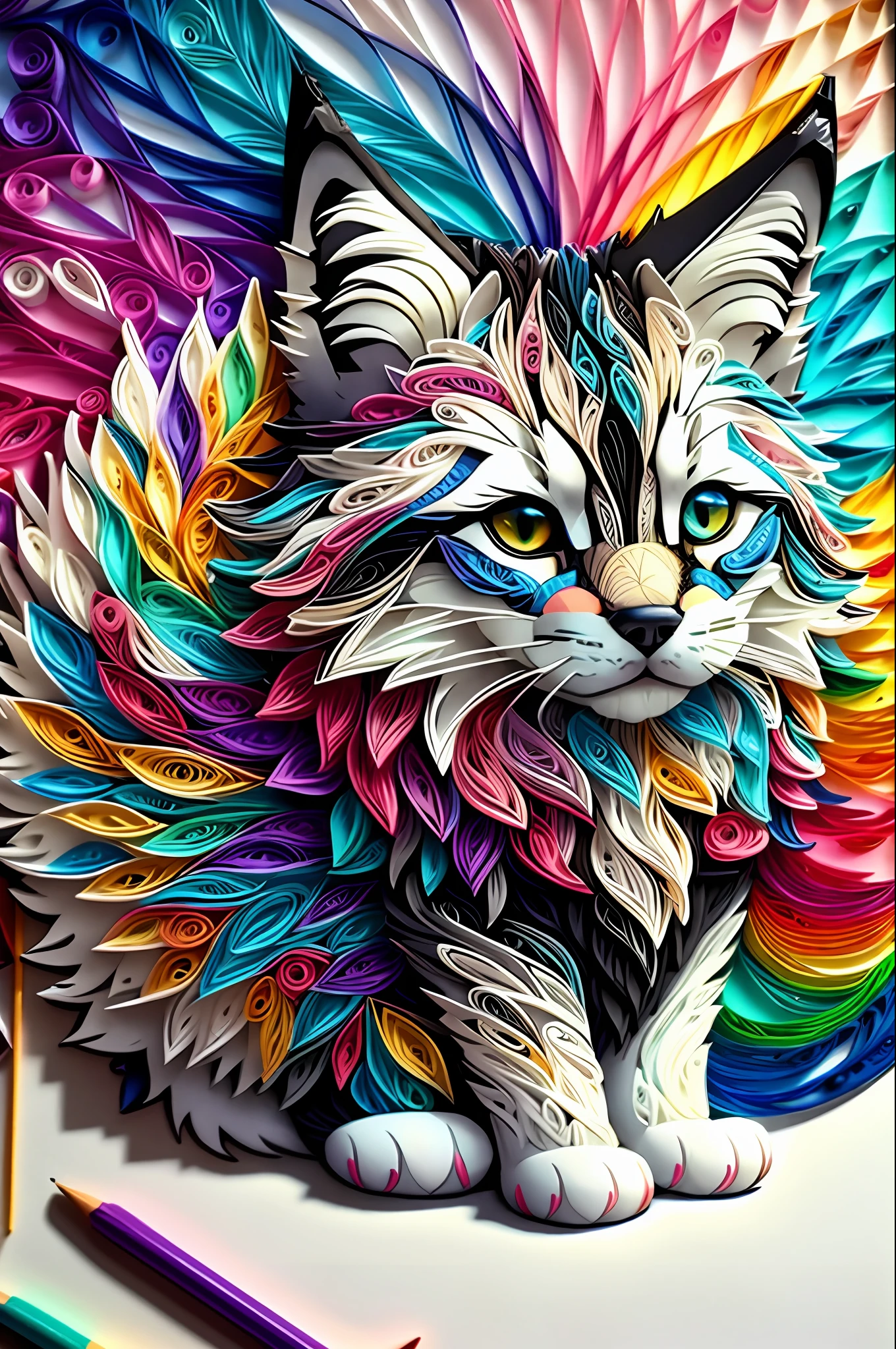 wolf, multi dimensional quilling paper, art, chibi,
yang08k, beautiful, colorful,
masterpieces, superior quality, best quality, official art, beautiful and aesthetic, clean unique, and with a cat, that cat, light and tenderness