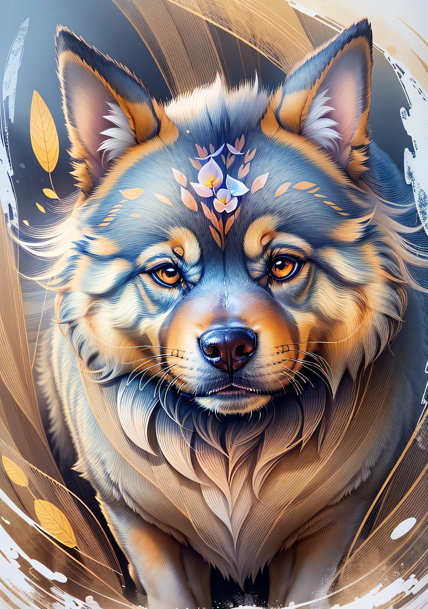 An adorable print of a dog in a natural environment, representing its loyalty and joy, with details in its fur and expressive eyes, surrounded by elements such as trees, flowers and a blue sky, Art, illustration in realistic style with warm tones and soft textures
