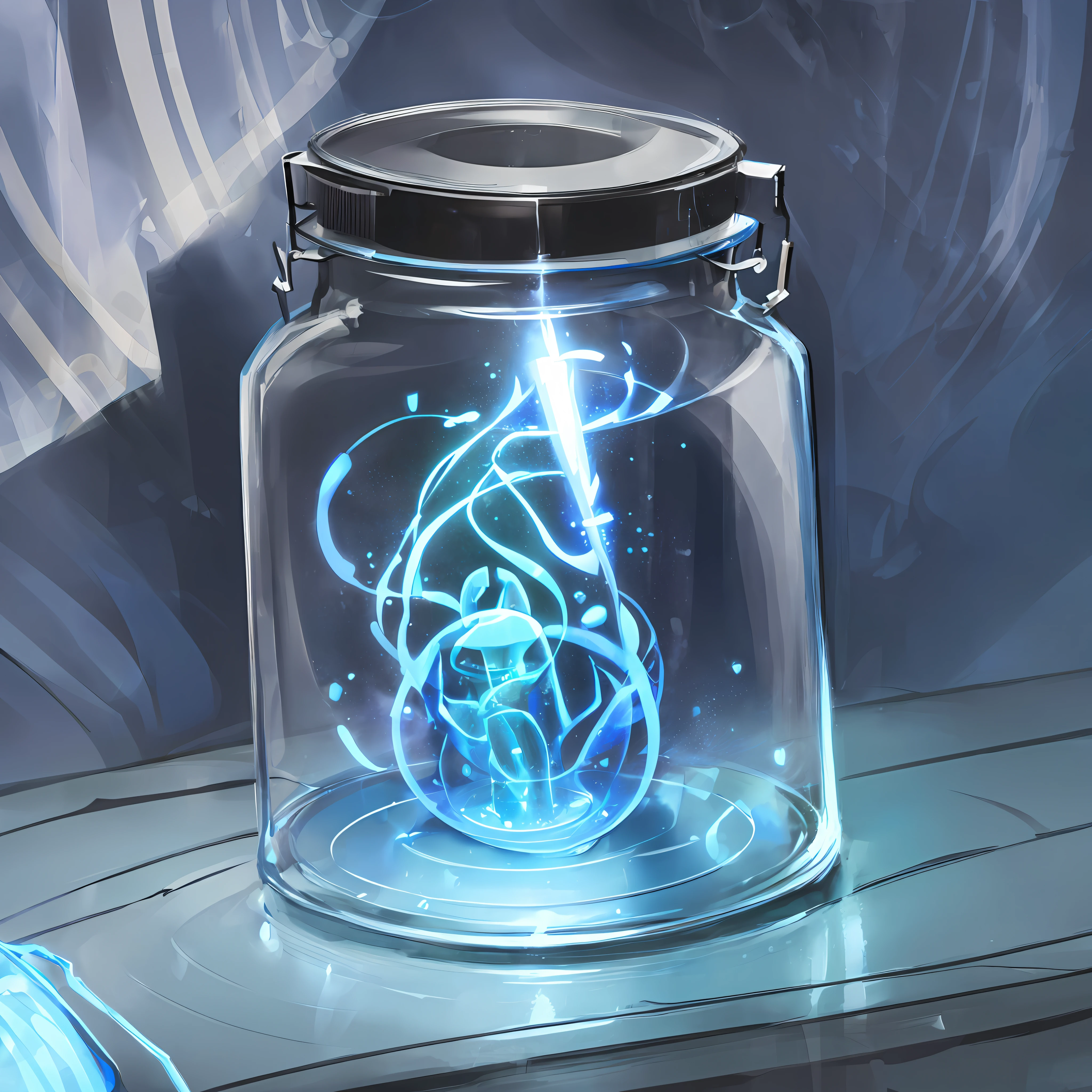 (enclosed scifi magic jar:1.1, glowing light blue:1.2)