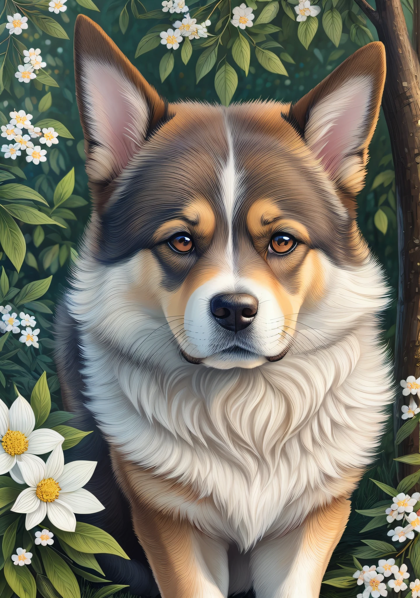 An adorable print of a dog in a natural environment, representing its loyalty and joy, with details in its fur and expressive eyes, surrounded by elements such as trees, flowers and a blue sky, Art, illustration in realistic style with warm tones and soft textures --auto --s2