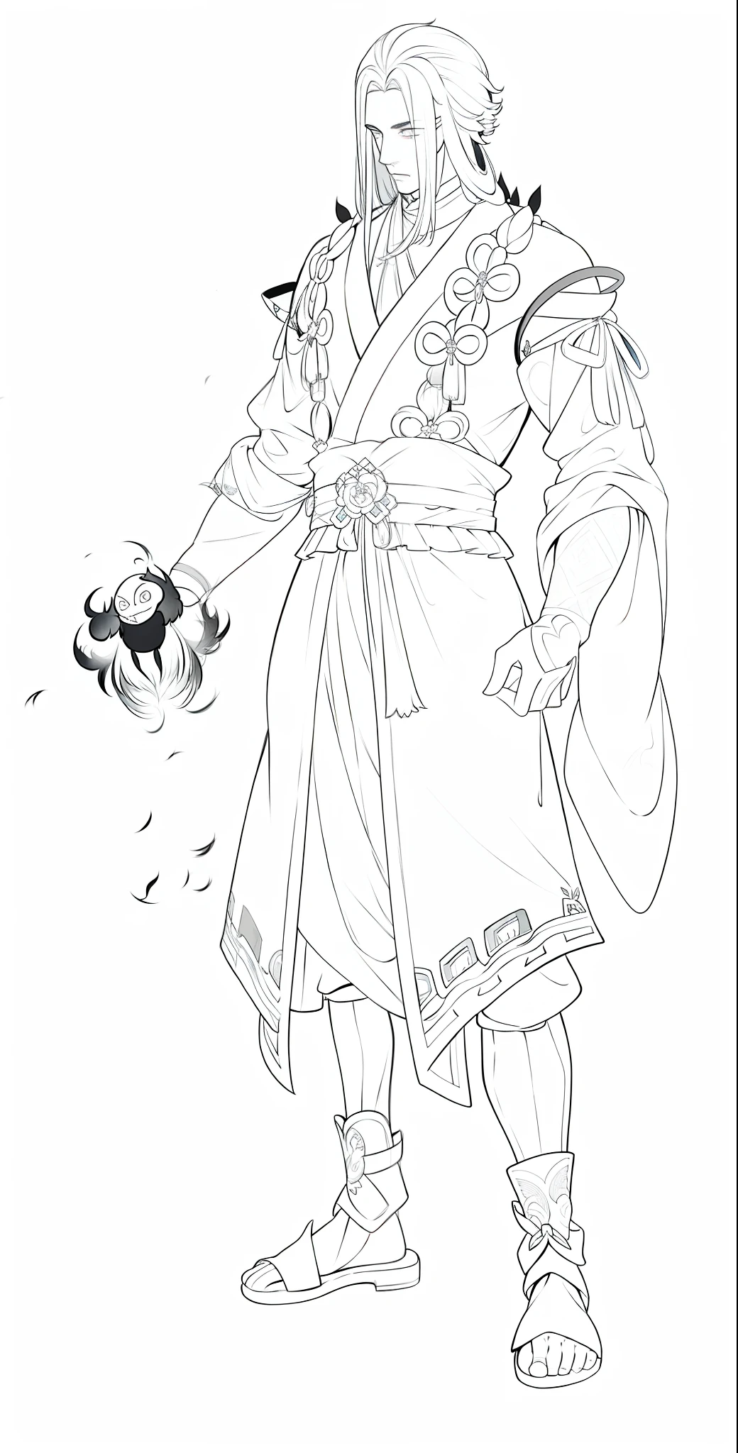 A man in Chinese robes, medium long hair, Chinese patterns, detailed full body concept, full body concept, lines, gloomy eyes, dangerous breath, assassin, dark, with claw covers,