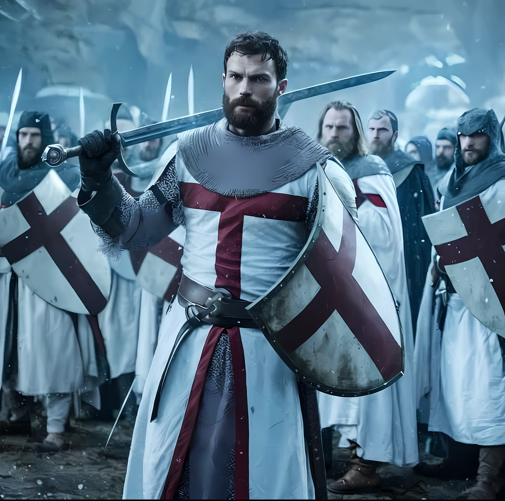 Create a Templar, Knightfall series, wearing white tunic with red cross, dark beard, similar to actor Jamie Dornan, super detail-oriented, realistic, Jamie Dornan, Templar, blue eyes, cinematic style, Knightfall, 8k resolution, best quality, close up.