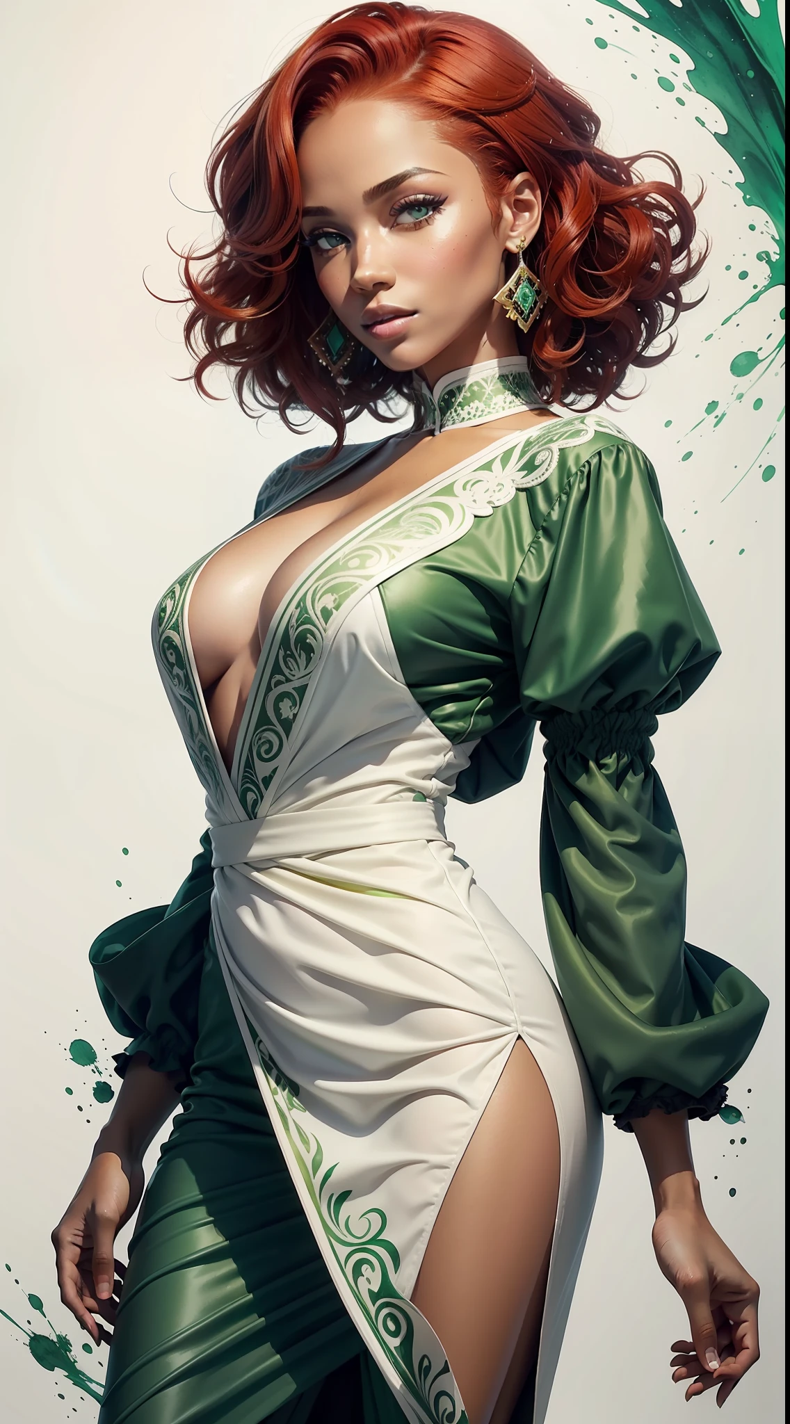 A black woman with red hair and light green eyes, wearing elegant party clothes, with scattered contours and white background, intricate details, low key, watercolor, splash