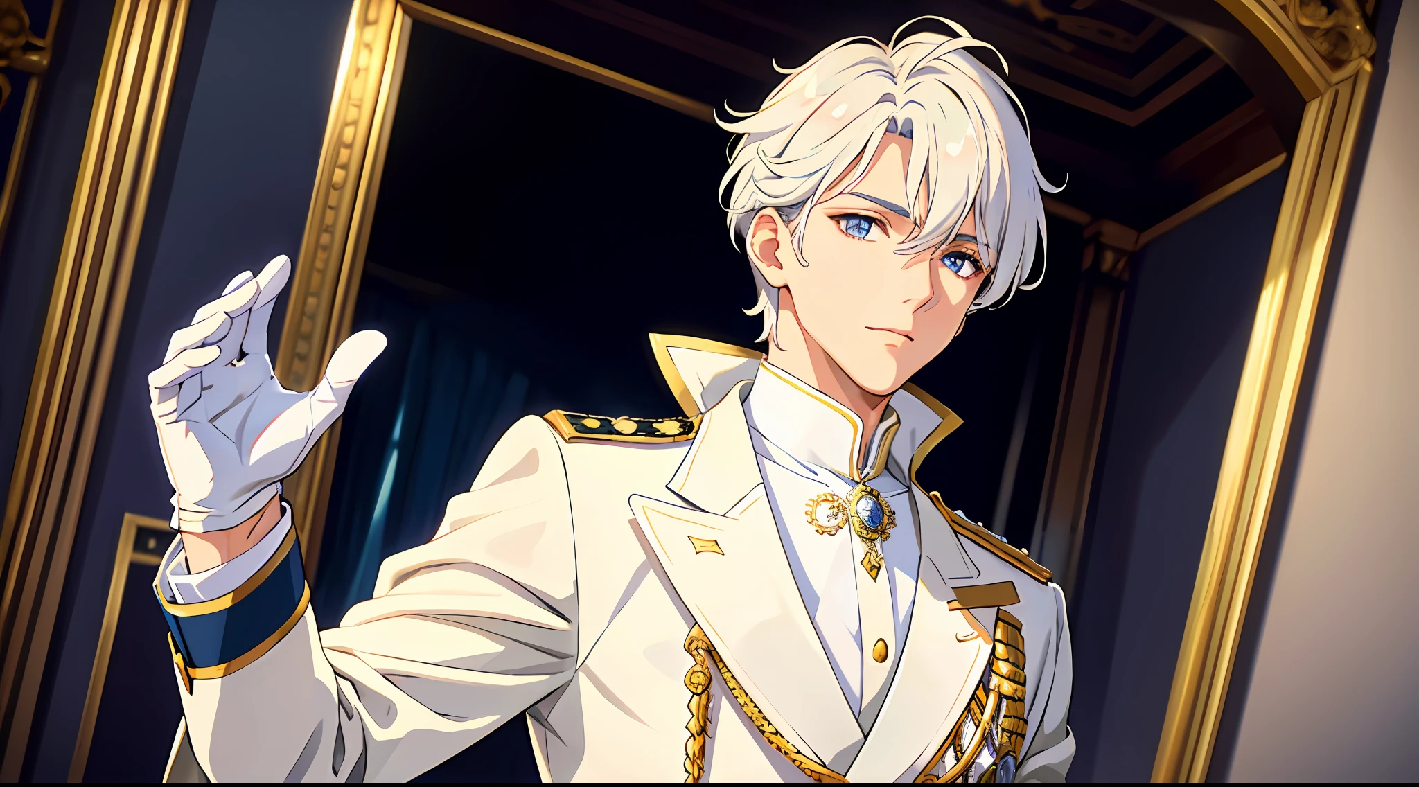 Prince, Young Man, Male, 1boy, Mature Male, Manly, portraying delicate eyes, Opal eyes, depicting delicate facial features, white uniform, white gloves, aristocratic dress, ribbon, medallion, extreme detail, delicate depiction, royalty, elegant, noble, royal dress, depth of field effect, background is palace, dramatic composition, dynamic pose, look at the camera