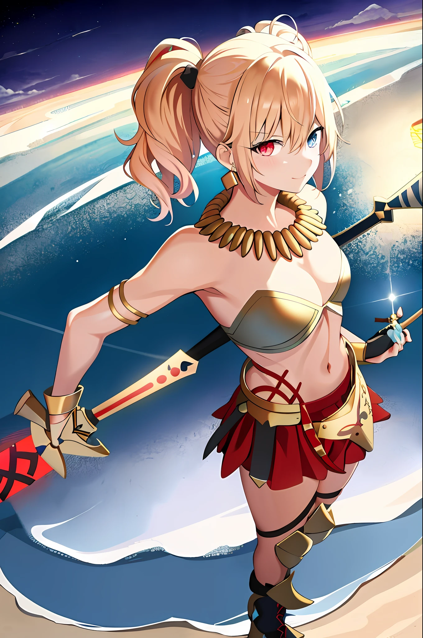 realistic, (masterpiece, top quality, best quality, official art, beautiful and aesthetic:1.2), extremely detailed,(1girl:1.3),cowboy shot,(looking at viewer),(holding single weapon:1.3),holding EA, Holding Sword of Rapture, pointing weapon at sky, from middle,black background,(night:1.2), filmg, insane happy expression, JunkoenoshimaTopless, solo, and long, thick, bleached strawberry-blonde hair tied in two twin pigtails, (heterochromia light blue and red eyes:1.2), 1girl, jewelry, standing, earrings, necklace, armor, tattoo, topless, Gold armor, shirtless, gold clingon bra, single gold gauntlet,shoulder armor,elbow gloves, one shoulder armor, gold cardigan over a red dress shirt, with both left open to the third button to expose the top of her gold-and-red bra, a red pleated miniskirt that is cut extremely short, and mid-sized gold and black boots with platform heels and red laces, standing, full body portrait