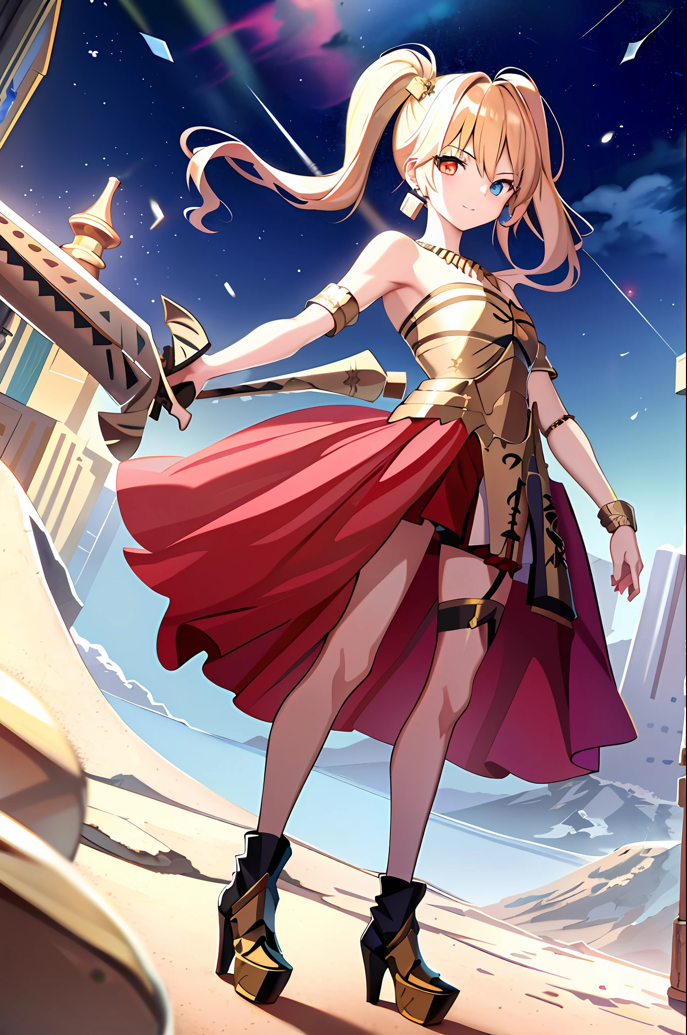 realistic, (masterpiece, top quality, best quality, official art, beautiful and aesthetic:1.2), extremely detailed,(1girl:1.3),cowboy shot,(looking at viewer),(holding single weapon:1.3),holding EA, Holding Sword of Rapture, pointing weapon at sky, from middle,black background,(night:1.2), filmg, insane happy expression, JunkoenoshimaTopless, solo, and long, thick, bleached strawberry-blonde hair tied in two twin pigtails, (heterochromia light blue and red eyes:1.2), 1girl, jewelry, standing, earrings, necklace, armor, tattoo, topless, Gold armor, shirtless, gold clingon bra, single gold gauntlet,shoulder armor,elbow gloves, one shoulder armor, gold cardigan over a red dress shirt, with both left open to the third button to expose the top of her gold-and-red bra, a red pleated miniskirt that is cut extremely short, and mid-sized gold and black boots with platform heels and red laces, standing, full body portrait