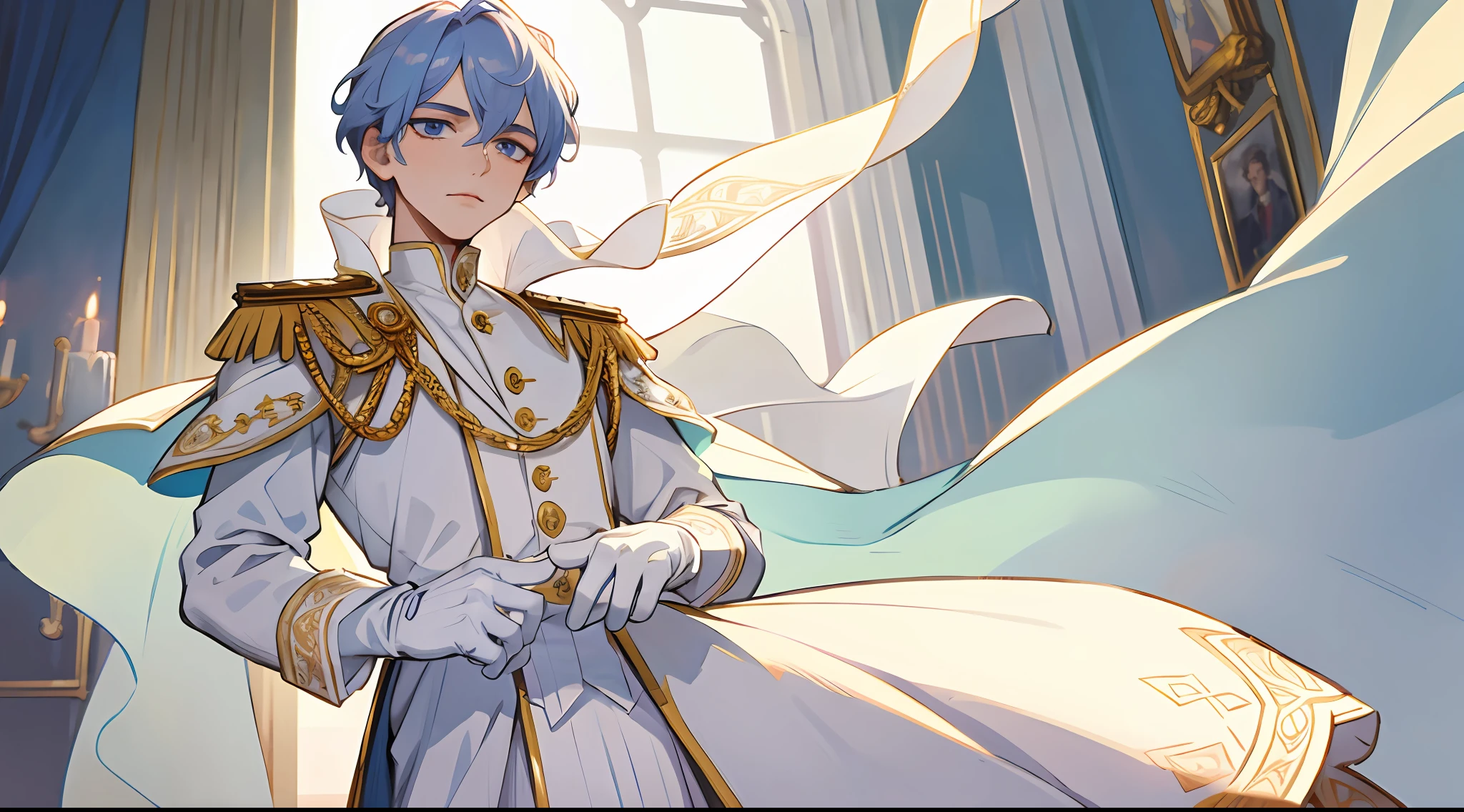 Prince, Young Man, Male, 1boy, Mature Male, Manly, portraying delicate eyes, Opal eyes, depicting delicate facial features, white uniform, white gloves, aristocratic dress, ribbon, medallion, extreme detail, delicate depiction, royalty, elegant, noble, royal dress, depth of field effect, background is palace, dramatic composition, dynamic pose, look at the camera