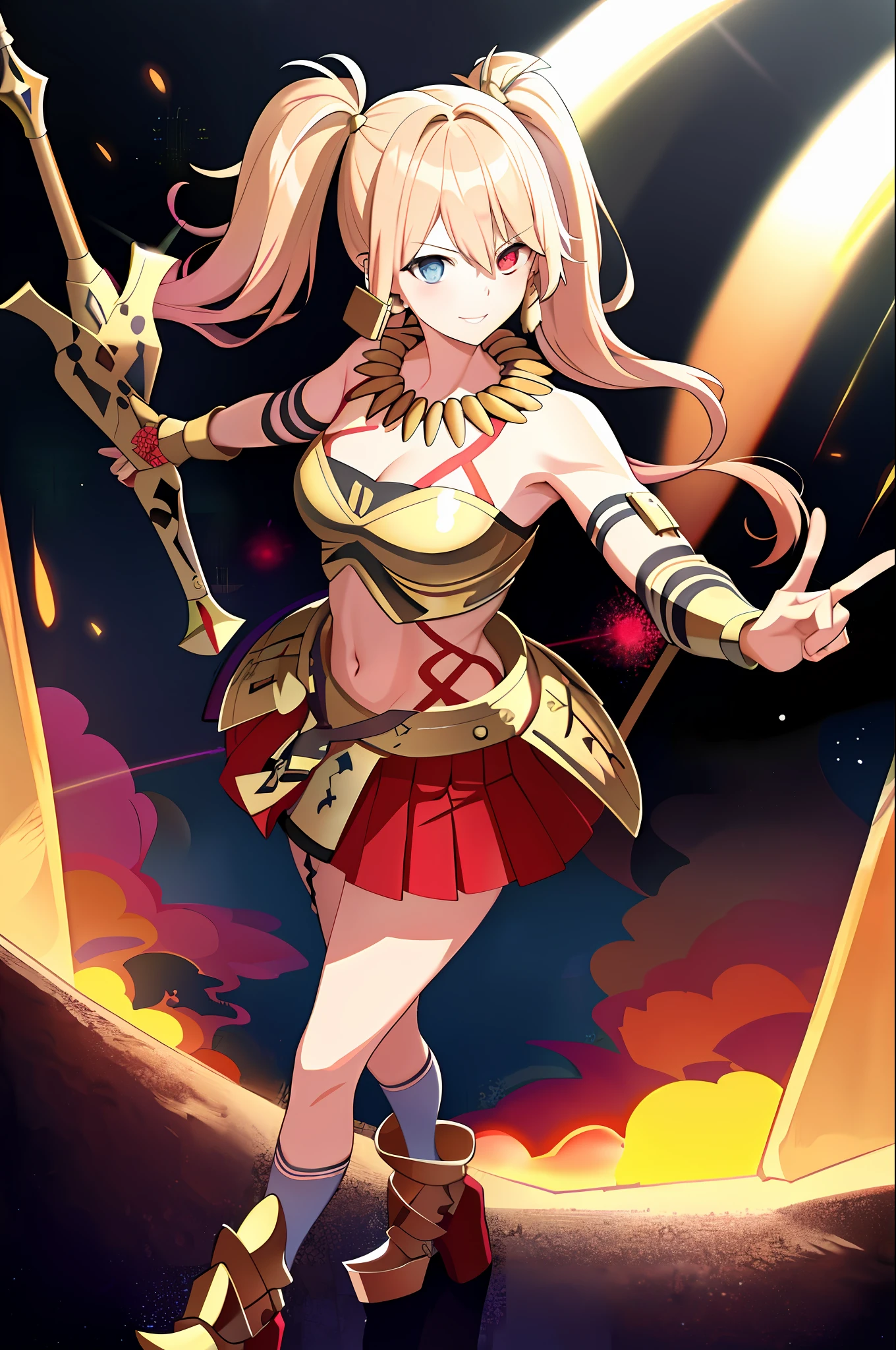 realistic, (masterpiece, top quality, best quality, official art, beautiful and aesthetic:1.2), extremely detailed,(1girl:1.3),cowboy shot,(looking at viewer),(holding single weapon:1.3),holding EA, Holding Sword of Rapture, pointing weapon at sky, from middle,black background,(night:1.2), filmg, insane happy expression, JunkoenoshimaTopless, solo, and long, thick, bleached strawberry-blonde hair tied in two twin pigtails, (heterochromia light blue and red eyes:1.2), 1girl, jewelry, standing, earrings, necklace, armor, tattoo, topless, Gold armor, shirtless, gold clingon bra, single gold gauntlet,shoulder armor,elbow gloves, one shoulder armor, gold cardigan over a red dress shirt, with both left open to the third button to expose the top of her gold-and-red bra, a red pleated miniskirt that is cut extremely short, and mid-sized gold and black boots with platform heels and red laces, standing, full body portrait