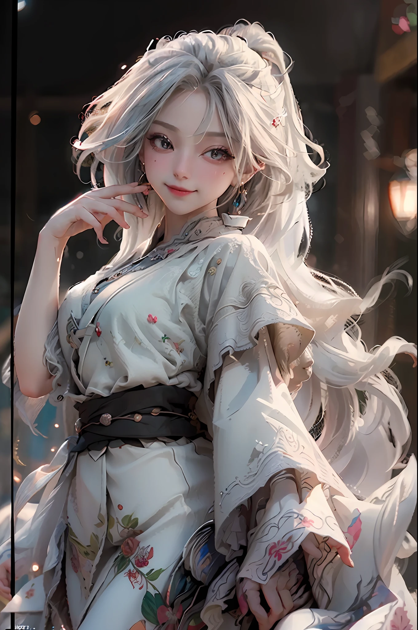 (RAW Photo, Best Quality), (Realistic, Photorealistic True: 1.3), Best Quality, Highly Detailed, Masterpiece, Hyperdetail, Illustration, 1 Girl, Smile, White Hair, White Wedding Dress, Eating, upper_body, Dynamic Angle, World Mastery Theatre, Flying Long Hair, Fluores cent white, Dynamic fire inbackground, Best Quality, Extremely detailed CG unified 8k wallpapers, ink, amazing, movie lights, lens_flare, wuxia_style