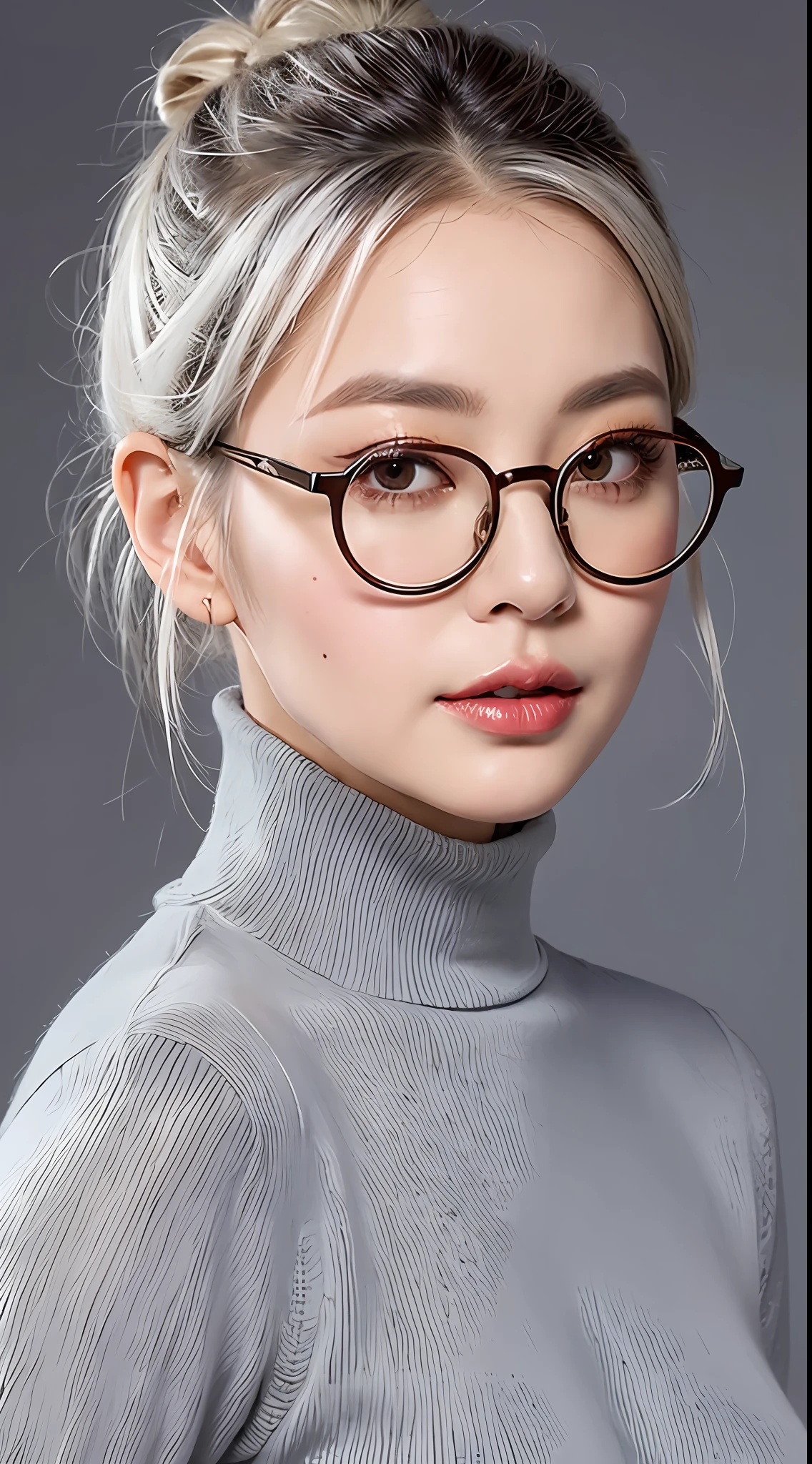 ((masterpiece)), ((best quality)), (ultra-detailed),detailed face, realistic, portrait, high-quality, detailed, GILF, white hair, grey hair, hair bun, red glasses, turtleneck sweater, black skirt, beauty mark, mole, lips,
