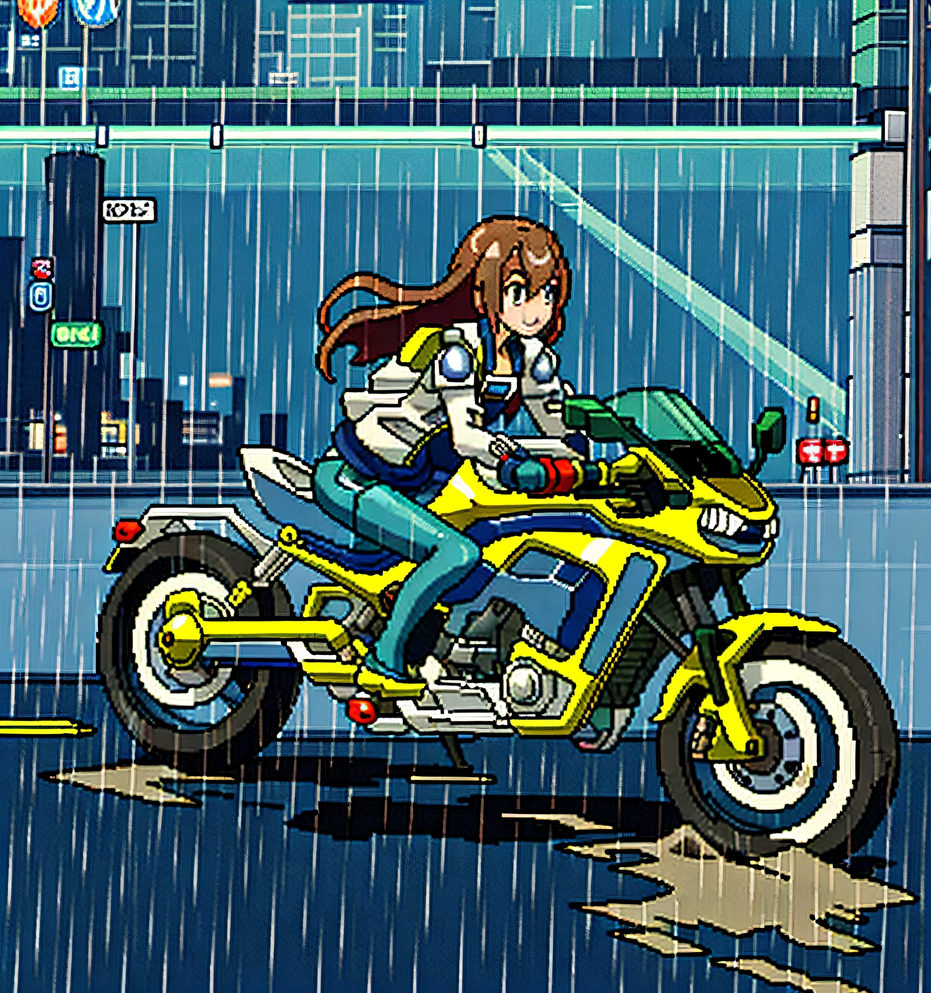 1girl, dress, jacket, rain, ground vehicle, mecha, motor vehicle, motorcycle, on motorcycle, vehicle focus, wheel, night, road, street, rain, city, puddles, Masterpiece, best quality , pixel, pixelart