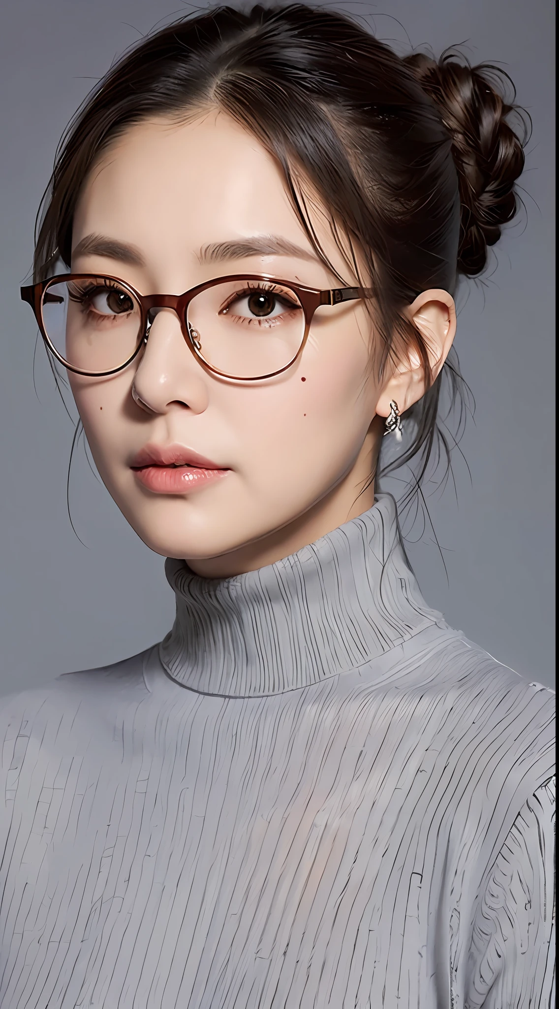 ((masterpiece)), ((best quality)), (ultra-detailed),detailed face, realistic, portrait, high-quality, detailed, GILF, white hair, grey hair, hair bun, red glasses, turtleneck sweater, black skirt, beauty mark, mole, lips,
