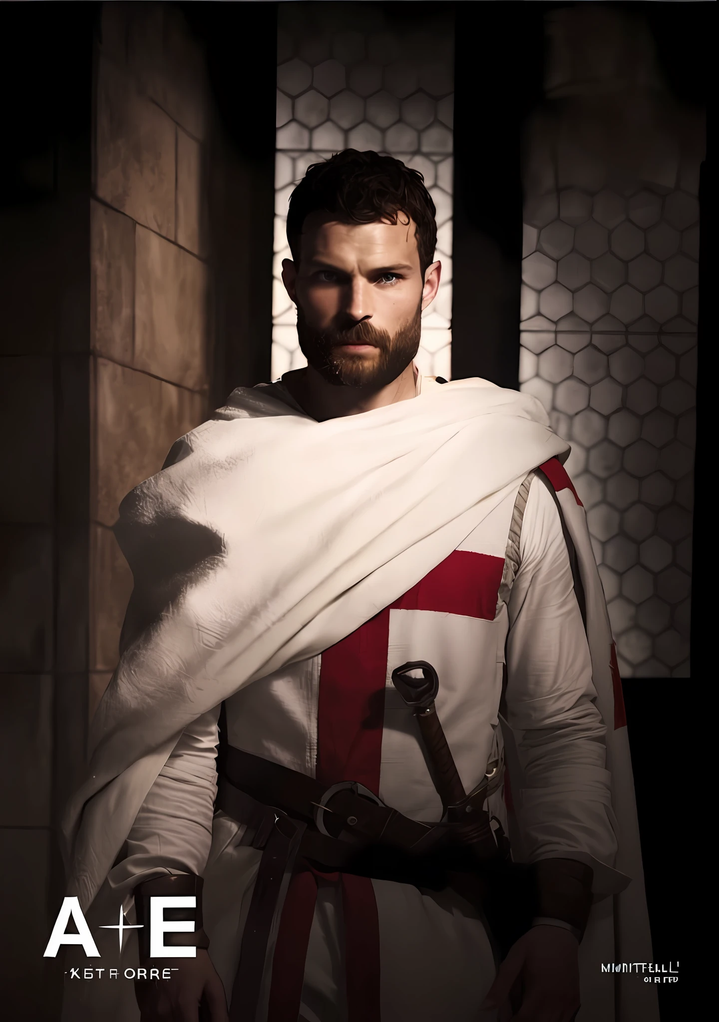 Create a Templar, Knightfall series, wearing white tunic with red cross, dark beard, similar to actor Jamie Dornan, super detail-oriented, realistic, Jamie Dornan, Templar, blue eyes, cinematic style, Knightfall, 8k resolution, best quality, close up.