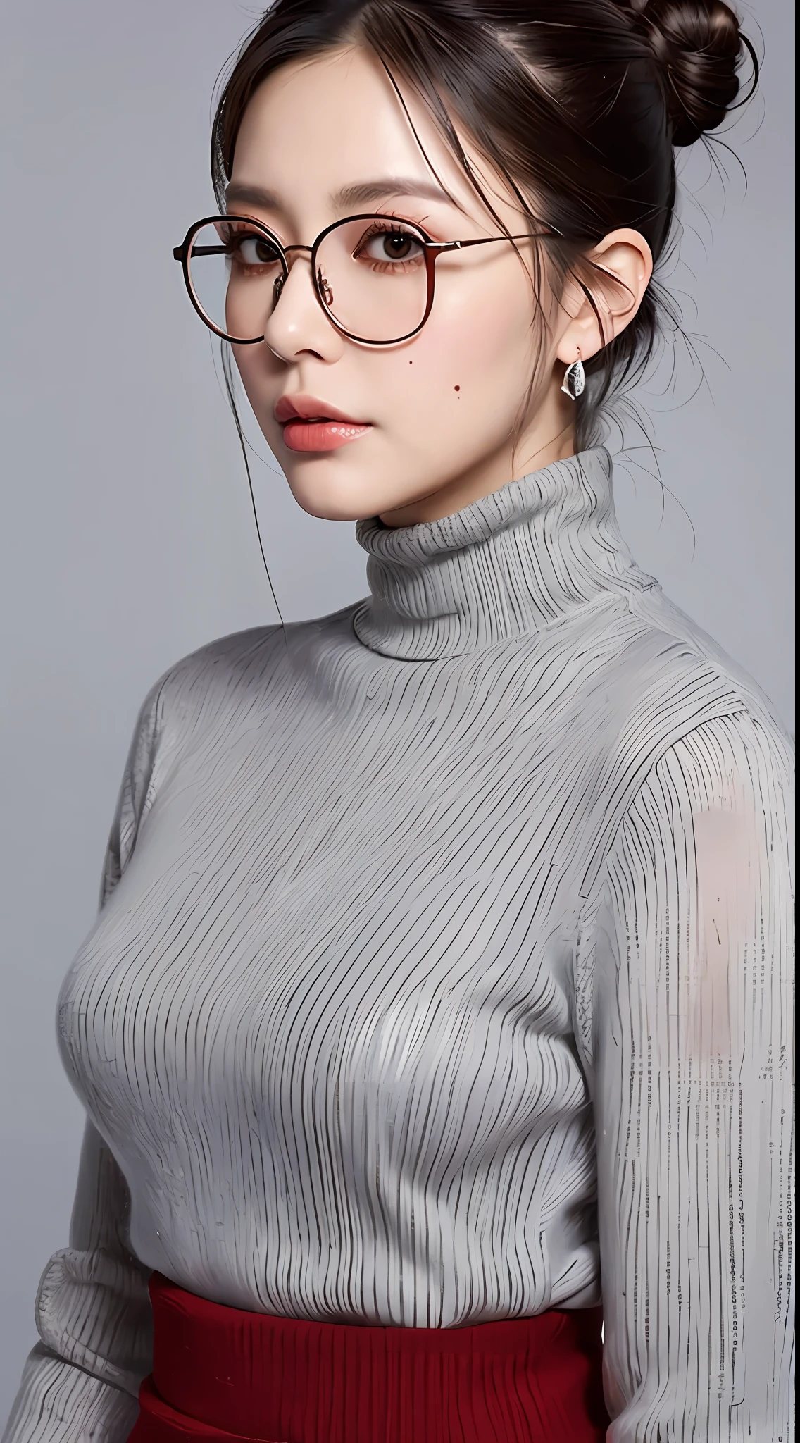 ((masterpiece)), ((best quality)), (ultra-detailed),detailed face, realistic, portrait, high-quality, detailed, GILF, white hair, grey hair, hair bun, red glasses, turtleneck sweater, black skirt, beauty mark, mole, lips,