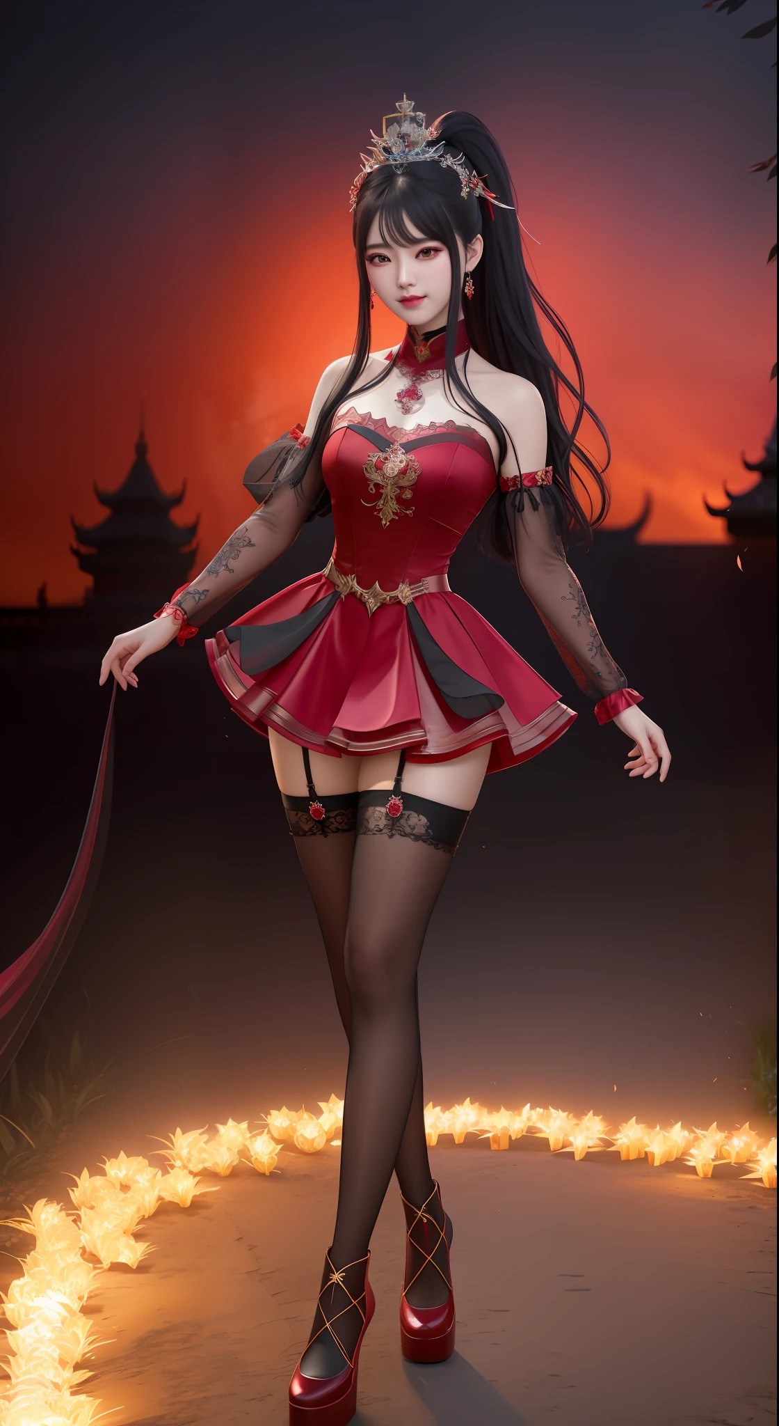 best quality, masterpiece, highres, 1girl, hanfu, white and even teeth, red irises, chinese underwear, hair ornaments, necklace, jewelry, crown jewelry. Pretty face, full body, magic import style, tyndall effect, photo realistic, dark studio, border light, two tone light, (high detail skin: 1.2), 8k uhd, dslr , soft light, high quality, volumetric light, candid, Photo , high resolution, 4k, 8k, Bokeh, (light pink lips), 1 beautiful demon from hell, In the Dark: 1.6 ), surreal full-body women by David Hockney and Alphonse Mucha, fantasy art, photorealism, dynamic lighting, station art, posters, volumetric lighting, highly detailed faces, super 8k, Awarded, in the dark, dark, low light, cowboy lens, (Red phoenix dress: 1.4), long hair, black hair, bust, luxury palace, Royal family style family, devil's crown, red eyes with very sharp and detailed makeup, Best face, Very round and firm breasts, Surreal, chinese women's long clothes, buds Charming smile, Pretty eye makeup, guweiz, devil style, mesh stockings with lace-up waist sock, thigh-length top, dark red turtleneck turtleneck, ponytail with bow at the back , dark red lips, Devil tattoo on shoulder, overcast and thunderous landscape, (full body), Close-up of main character, (Hell background details 1.8), lace waist socks, medium big ass,