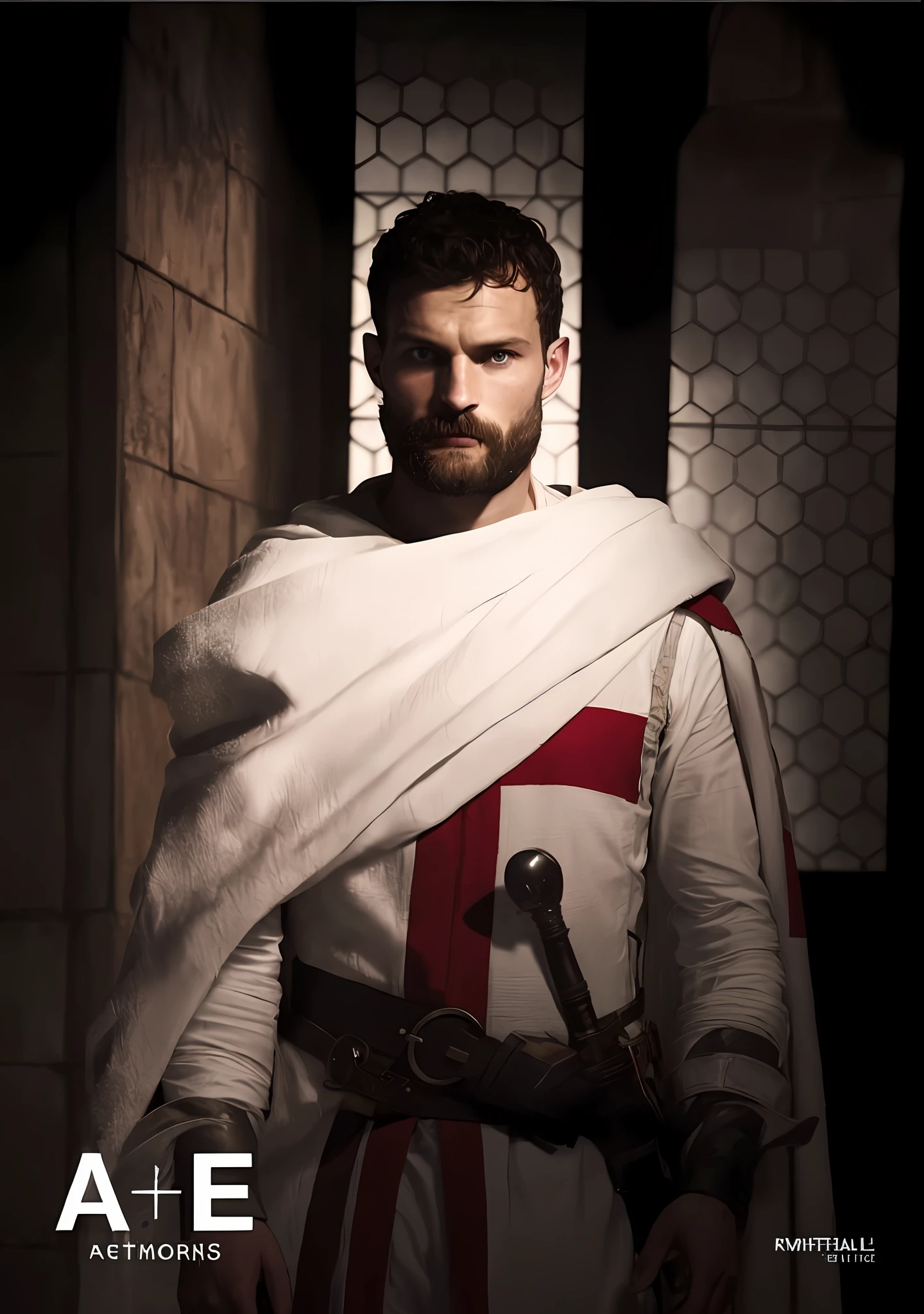 Create a Templar, Knightfall series, wearing white tunic with red cross, dark beard, similar to actor Jamie Dornan, super detail-oriented, realistic, Jamie Dornan, Templar, blue eyes, cinematic style, Knightfall, 8k resolution, best quality, close up.