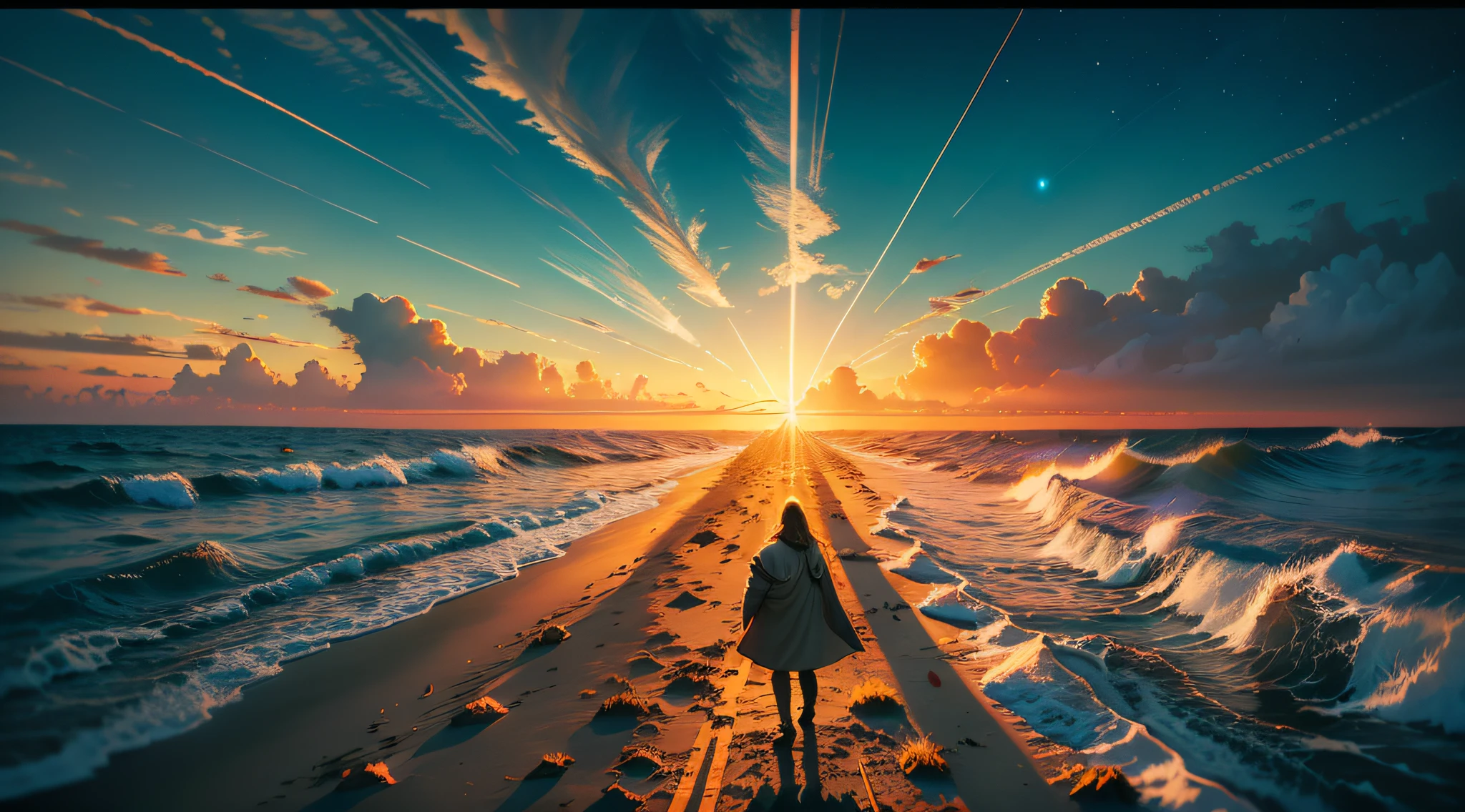 illustration, 8k wallpaper, vivid colors, Jesus Christ in his radiance, divinity, sunset afternoon, hd, blur motion lens, art by Rutkowisk, rim light, cinematic shading