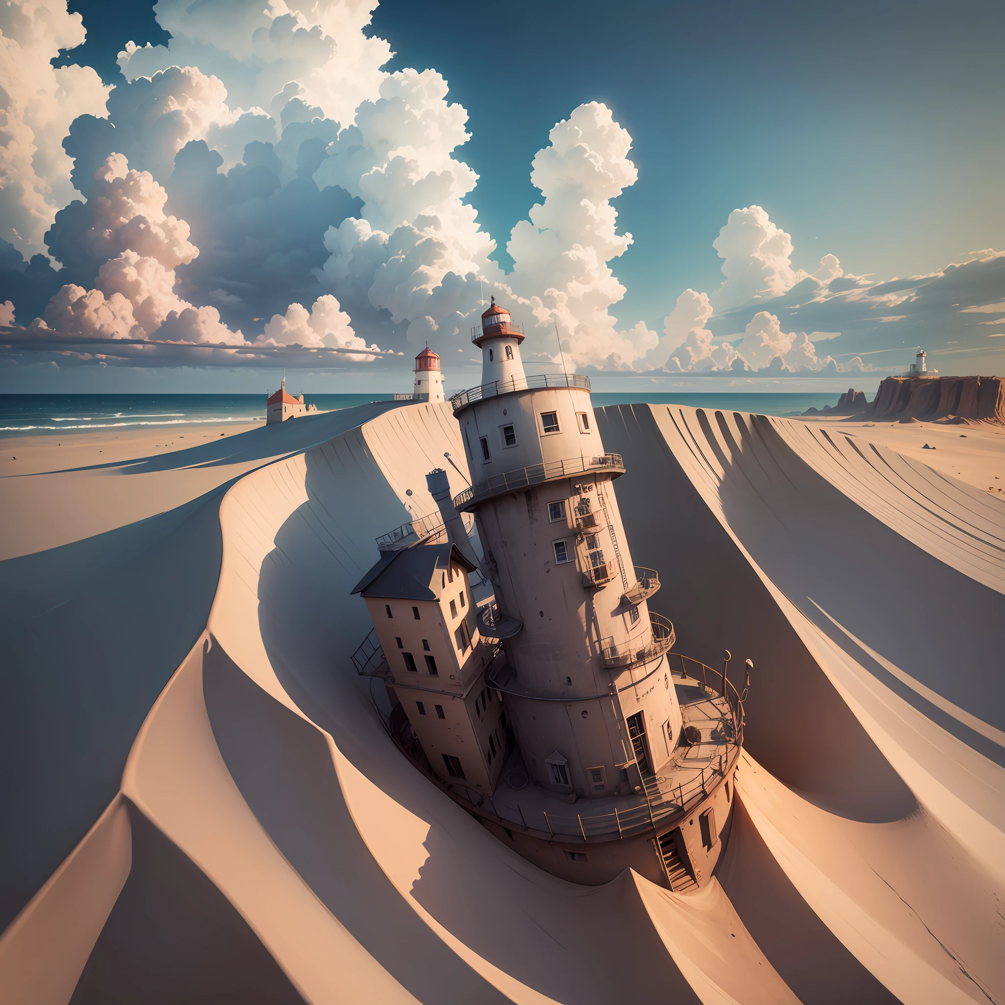 view of a lighthouse with a cloudy sky in the background, a portrait by Mike Bierek, shutterstock, graffiti, watch tower, seen from below, giant imposing steampunk tower, shot from a low angle, view from below, looking from slightly below, lookout tower, perspective from below, low angle photography, lighthouse in the desert, silo --auto --s2