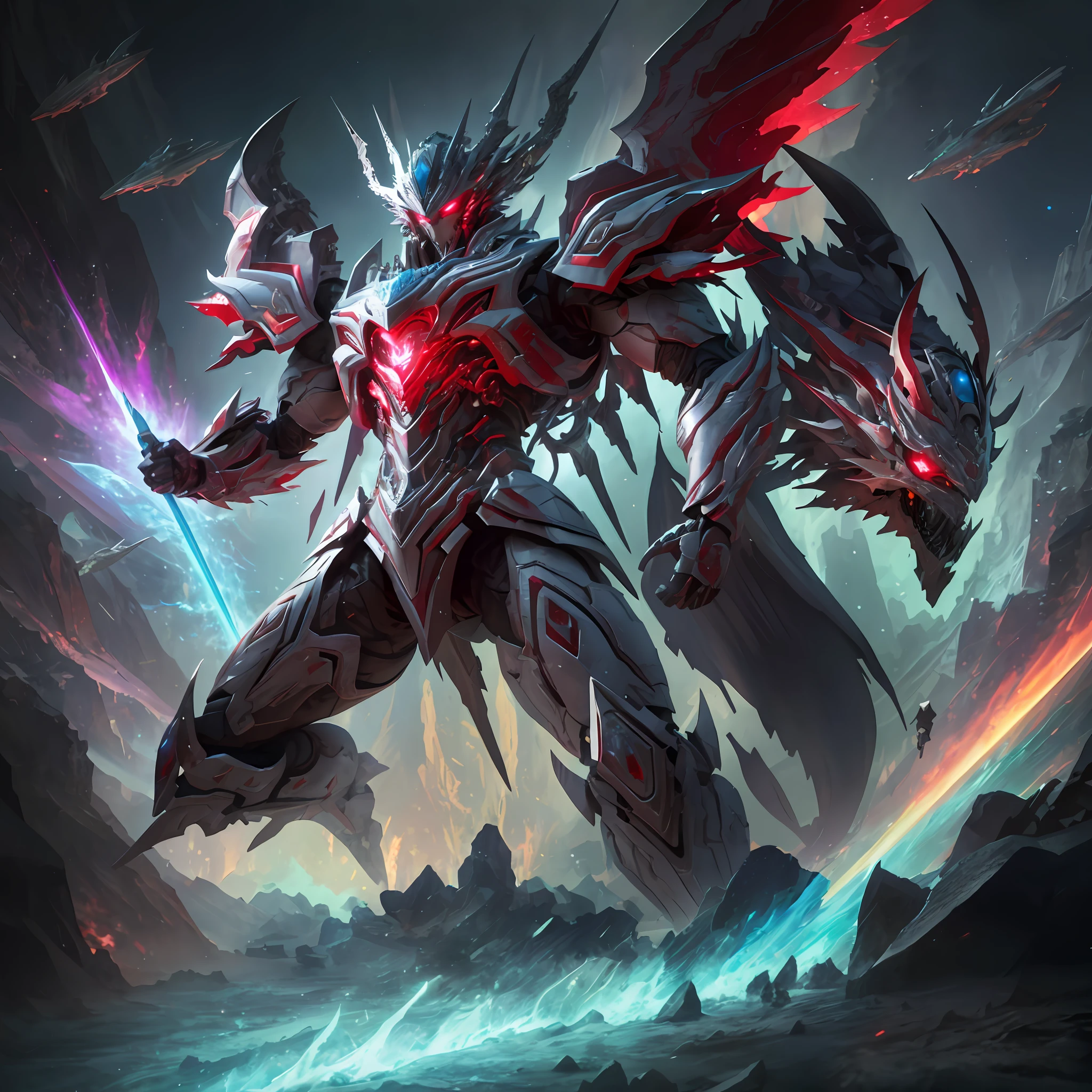 ((Masterpiece)), (Best Quality)), 8k, High Detail, Ultra Detailed, Abs, Armor Showing, Extremely Detailed CG Unity 8k Wallpaper, 1 Mecha Boy, {White Bones|Rainbow|Ice Crystal|Blood Demon|Phantom Dragon|Thor}, Red Eyes, Sci-Fi, War, Conflict, Grandeur, Weapons, Fully Armed, (Floating Color {Wind|Water Magic|Ink|Crystal|Fire|Ice|Flame|Lightning|Network|Rock|Sand|Particles|Spark|Blood}:1)