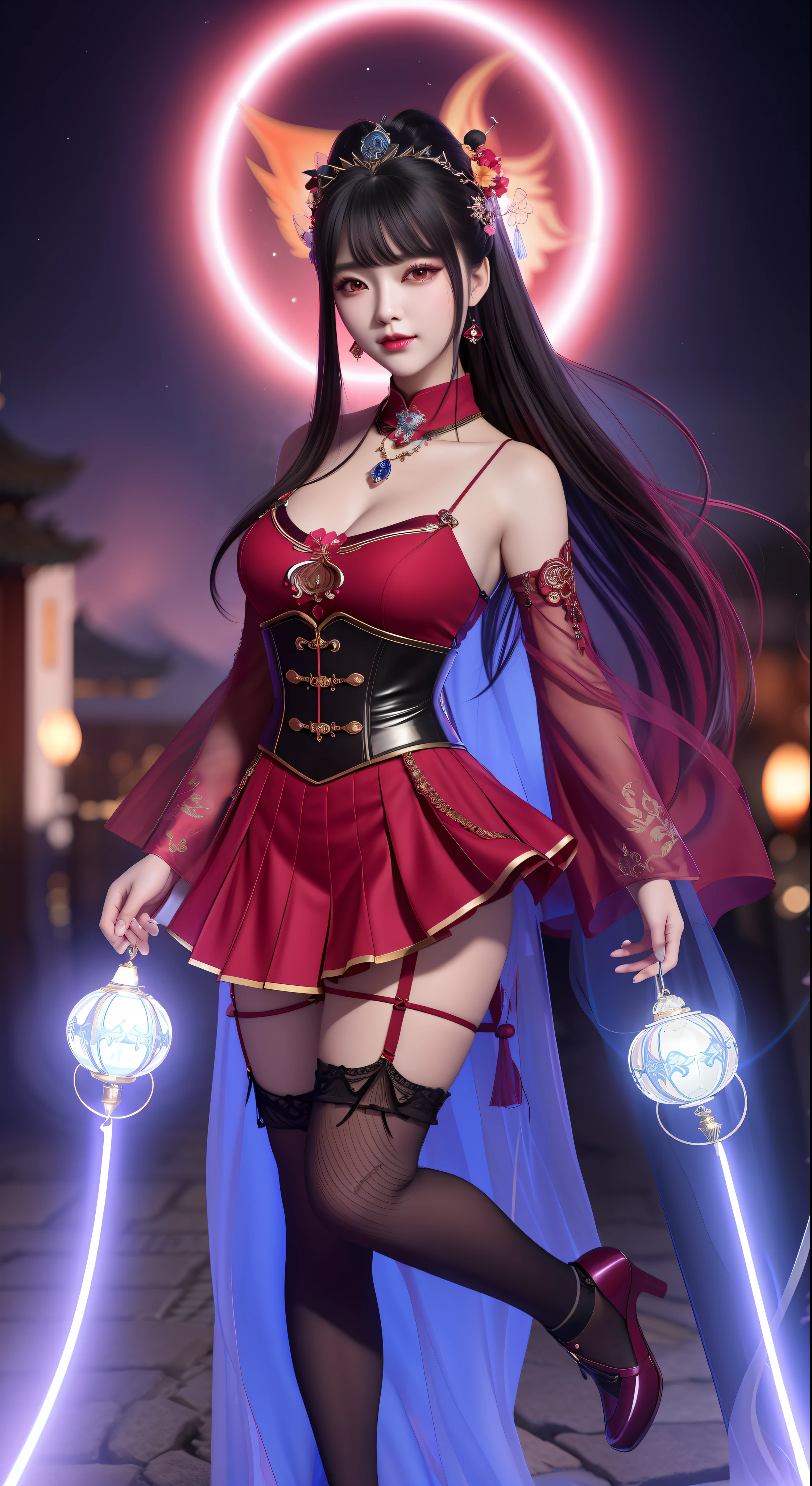 best quality, masterpiece, highres, 1girl, hanfu, white and even teeth, red irises, chinese underwear, hair ornaments, necklace, jewelry, crown jewelry. Pretty face, full body, magic import style, tyndall effect, photo realistic, dark studio, border light, two tone light, (high detail skin: 1.2), 8k uhd, dslr , soft light, high quality, volumetric light, candid, Photo , high resolution, 4k, 8k, Bokeh, (light pink lips), 1 beautiful demon from hell, In the Dark: 1.6 ), surreal full-body women by David Hockney and Alphonse Mucha, fantasy art, photorealism, dynamic lighting, station art, posters, volumetric lighting, highly detailed faces, super 8k, Awarded, in the dark, dark, low light, cowboy lens, (Red phoenix dress: 1.4), long hair, black hair, bust, luxury palace, Royal family style family, devil's crown, red eyes with very sharp and detailed makeup, Best face, Very round and firm breasts, Surreal, chinese women's long clothes, buds Charming smile, Pretty eye makeup, guweiz, devil style, mesh stockings with lace-up waist sock, thigh-length top, dark red turtleneck turtleneck, ponytail with bow at the back , dark red lips, Devil tattoo on shoulder, overcast and thunderous landscape, (full body), Close-up of main character, (Hell background details 1.8), lace waist socks, medium big ass,
