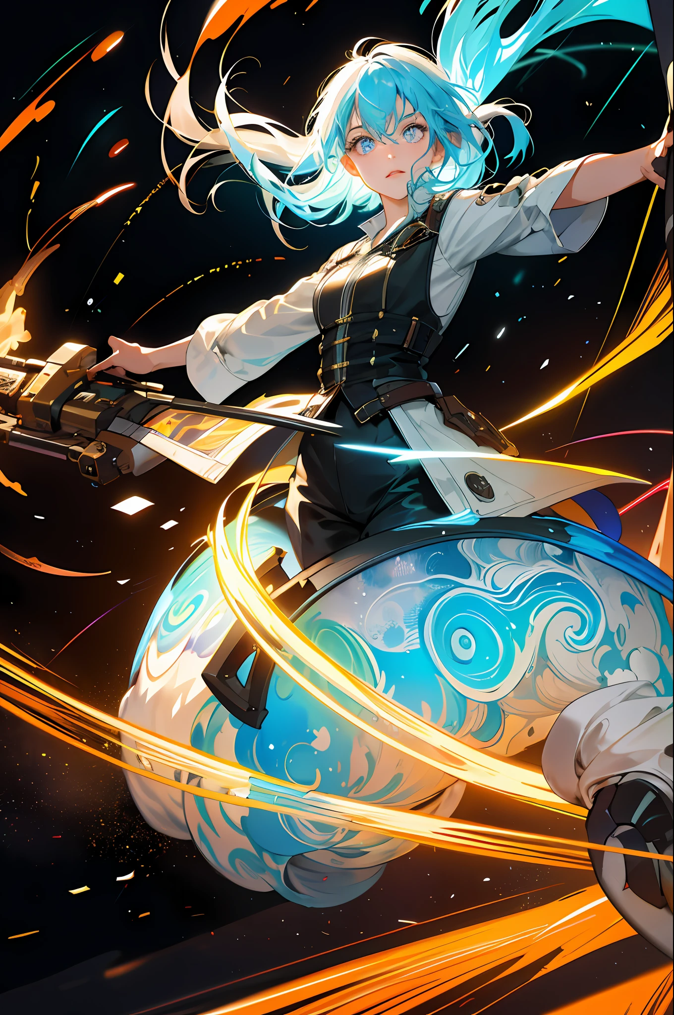 absurdres, highres, ultra detailed, 1girl, solo, extremely detailed eyes, light painting, (long exposure:1.2),dynamic streaks, luminous trails, vibrant colors, fluid movement, captivating patterns, creative experimentation,(highest detailed),(cowboy shot:1.2),dynamic pose
