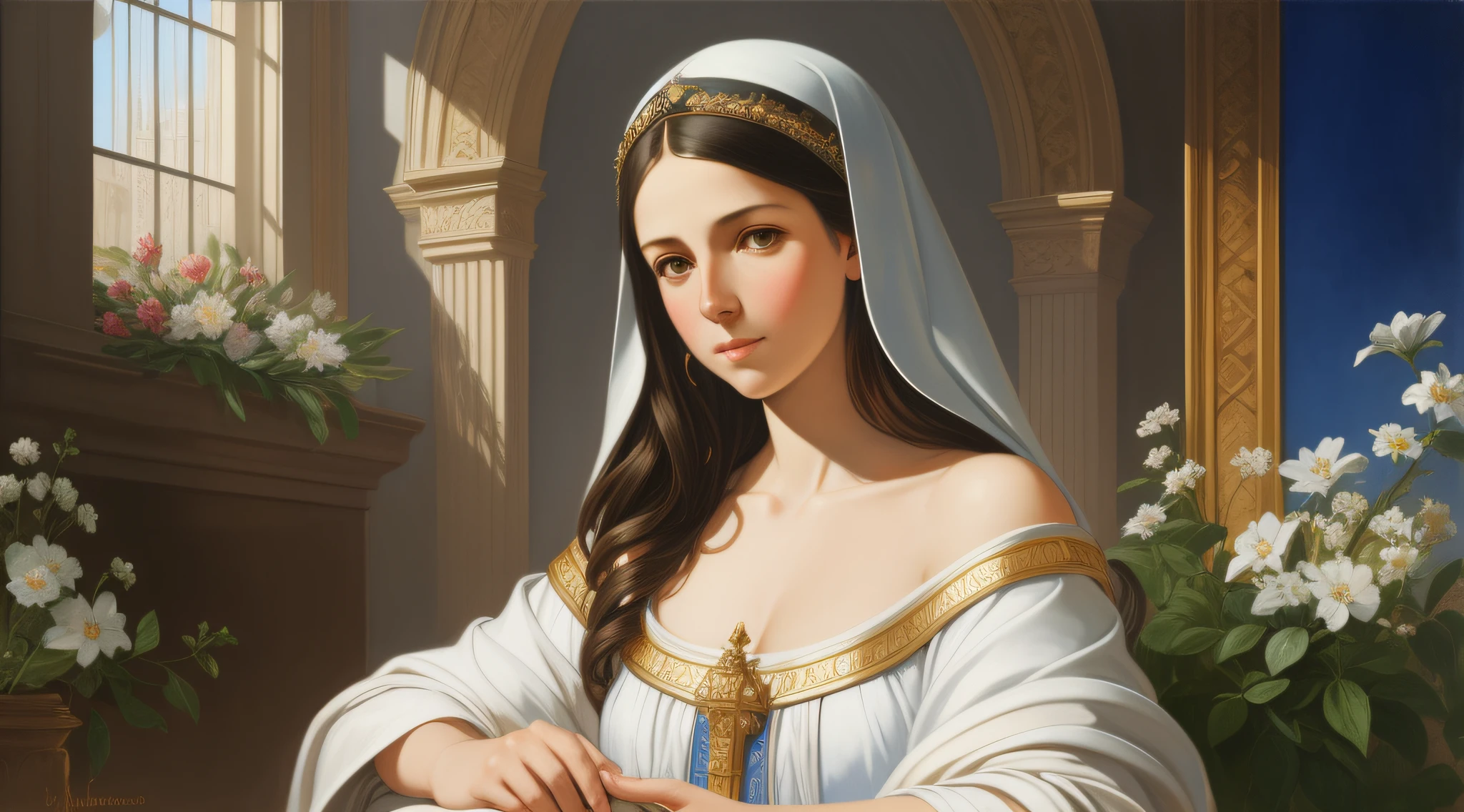 A beautiful ultra-thin realistic portrait of the Virgin Mary, white outfit with blue details, ((divinity)), full body, biblical, realistic, intricate details, by Abbott Fuller Graves, Bartolome Esteban Murillo, Jc Leyendecker, Craig Mullins, Peter Paul Rubens, (Caravaggio), Trend in Artstation, 8k, Concept Art, Fantasy Art, PhotoRealistic, Realistic, Illustration, Oil Painting, Surrealism, HyperRealistic, brush brushes, Digital art, style,  watercolour