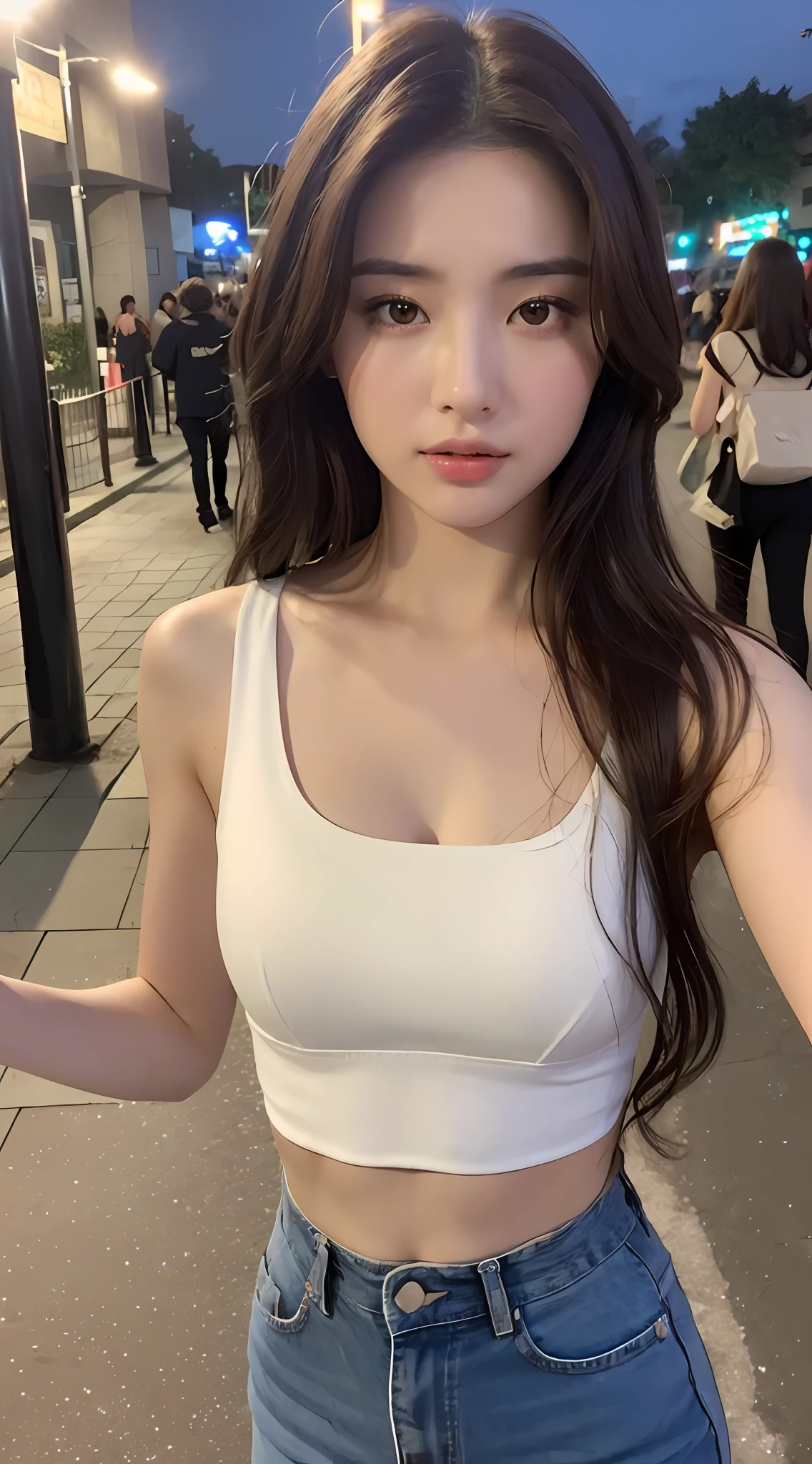 ((Realistic lighting, Best quality, 8K, Masterpiece: 1.3)), Clear focus: 1.2, 1girl, Perfect Figure: 1.4, Slim Abs: 1.1, ((Dark brown hair)), (White crop top: 1.4), (Outdoor, Night: 1.1), City streets, Super fine face, Fine eyes, Double eyelids,