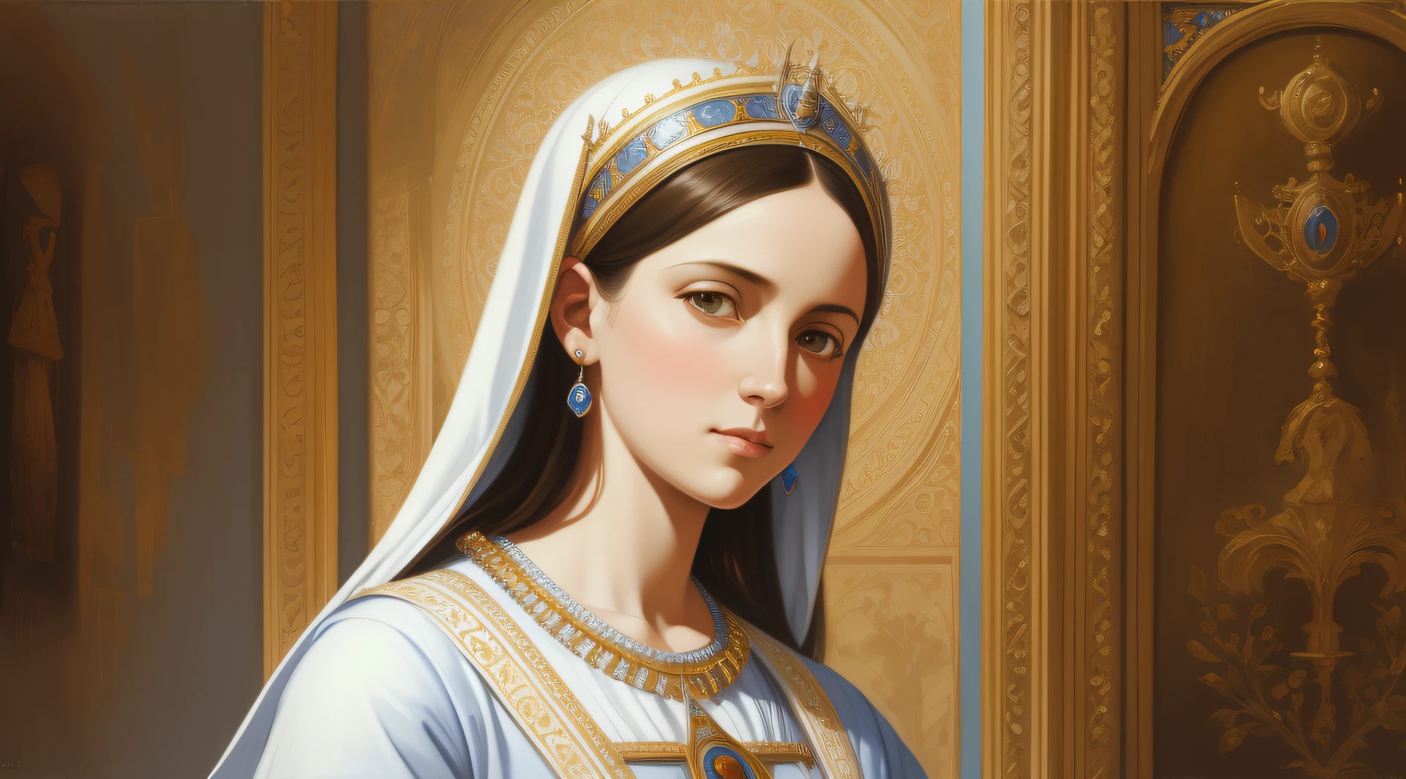 A beautiful ultra-thin realistic portrait of the Virgin Mary, white outfit with blue details, ((divinity)), full body, biblical, realistic, intricate details, by Abbott Fuller Graves, Bartolome Esteban Murillo, Jc Leyendecker, Craig Mullins, Peter Paul Rubens, (Caravaggio), Trend in Artstation, 8k, Concept Art, Fantasy Art, PhotoRealistic, Realistic, Illustration, Oil Painting, Surrealism, HyperRealistic, brush brushes, Digital art, style, watercolour