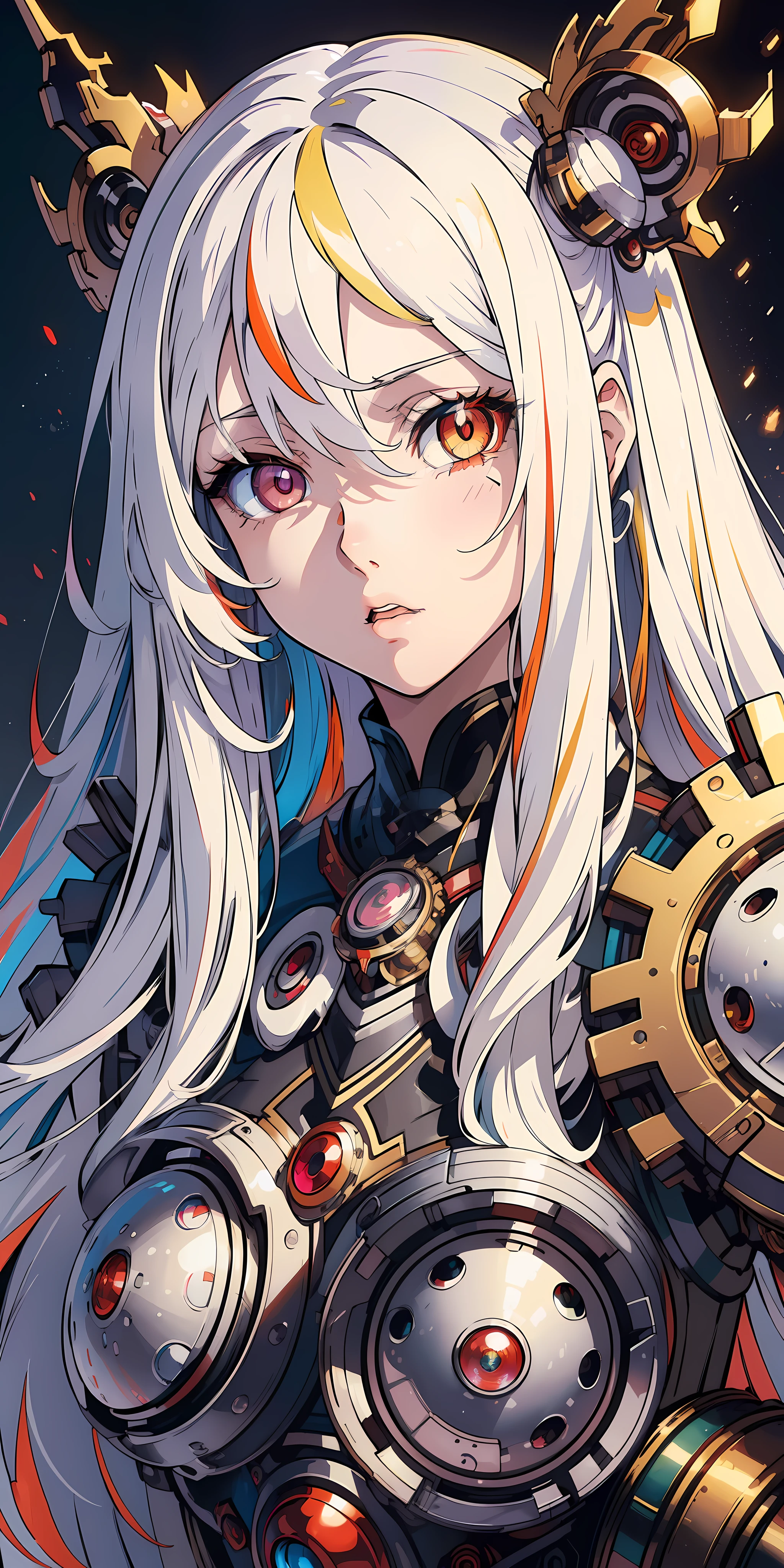 ((best quality)), ((masterpiece)), ((best illustration)), ((anime art)), (1girl) long straight white hair, (multicolored eyes:1.3), (heterochromia:1.2), white skin, (extremely detailed CG 8k unit wallpaper), cinematic artistic background of chaos city, (mechanical arms, with metal:1.2), soft, neutral luminosity, (Paramount studio lighting)