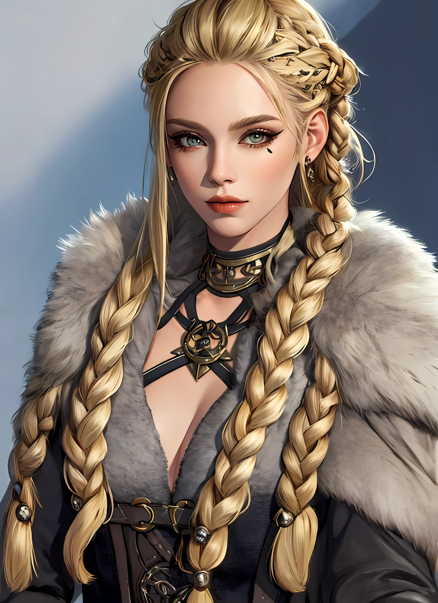 1girl,Norse, fur ,mature female , eyeliner, blonde hair, long hair, braid, fantasy, upper body (masterpiece, high quality:1.2)