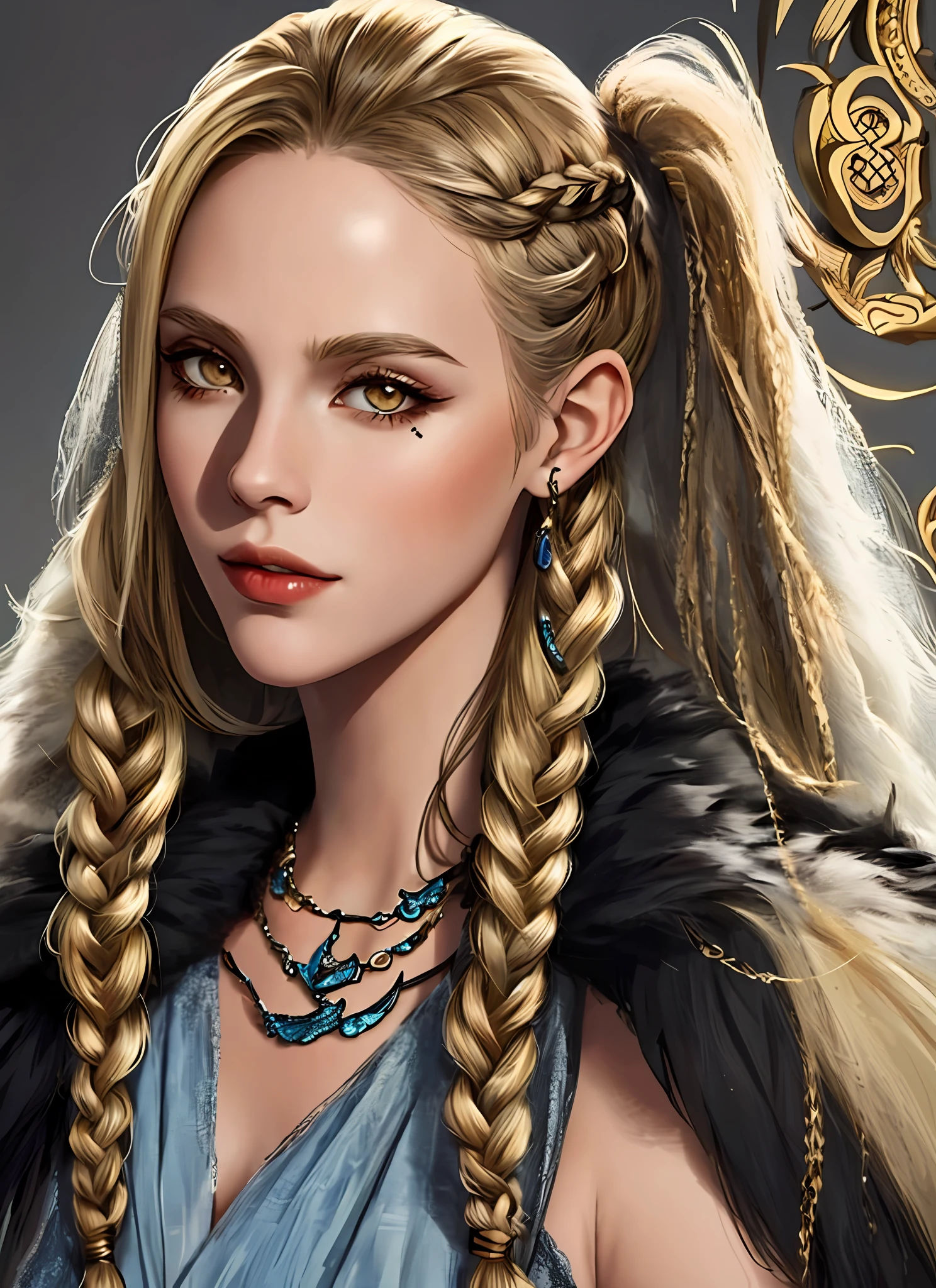 1girl,Norse, fur ,mature female , eyeliner, blonde hair, long hair, braid, fantasy, upper body (masterpiece, high quality:1.2)