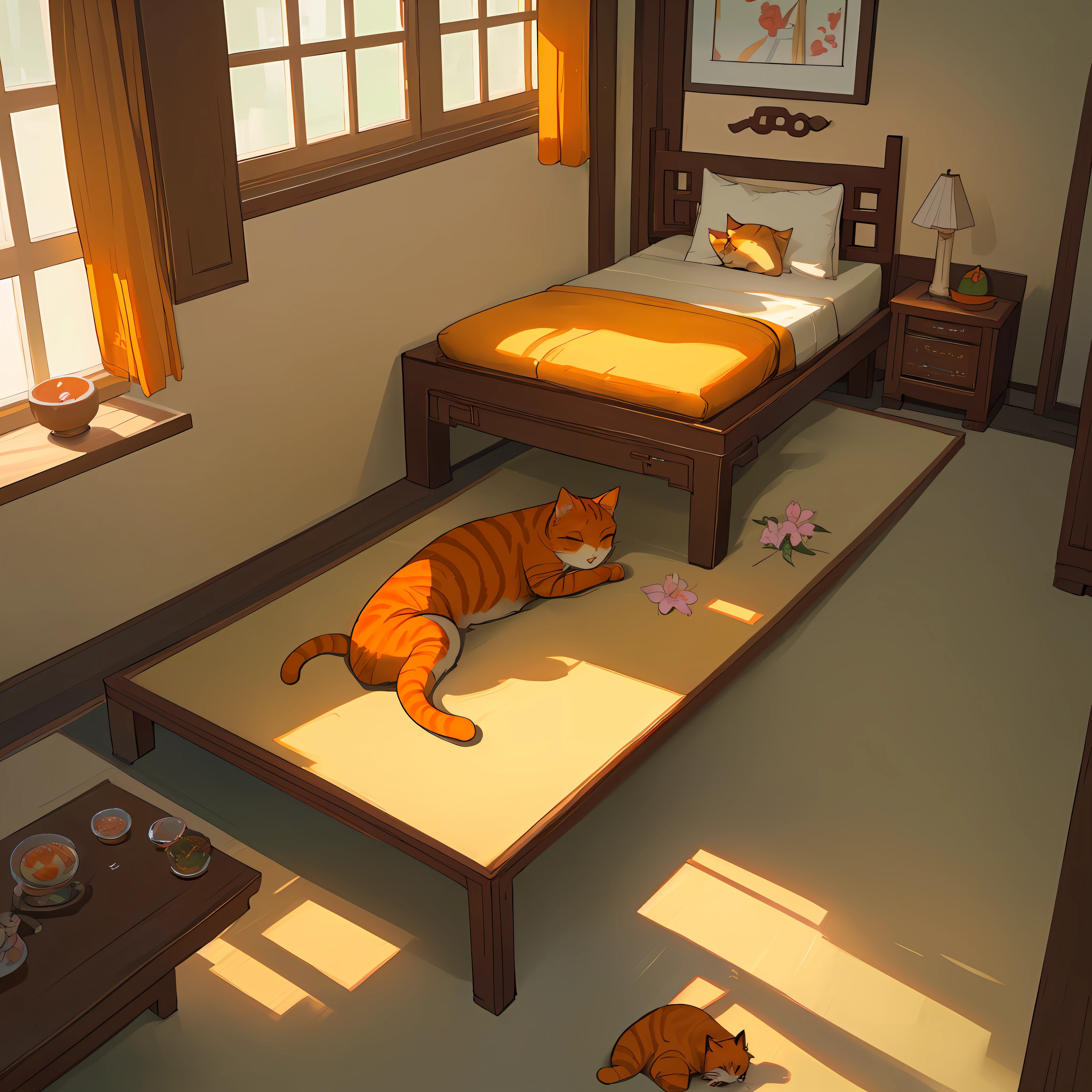 Simple bright and warm bedroom, with a large window, no one in the bedroom, you can see Chinese tables, Chinese chairs, books, Bruce Lee photos, beautiful potted flowers, playful and calm orange cat, national style, masterpiece, freehand, HD, awesome composition, super detailed pictures, studio artist production, 4K