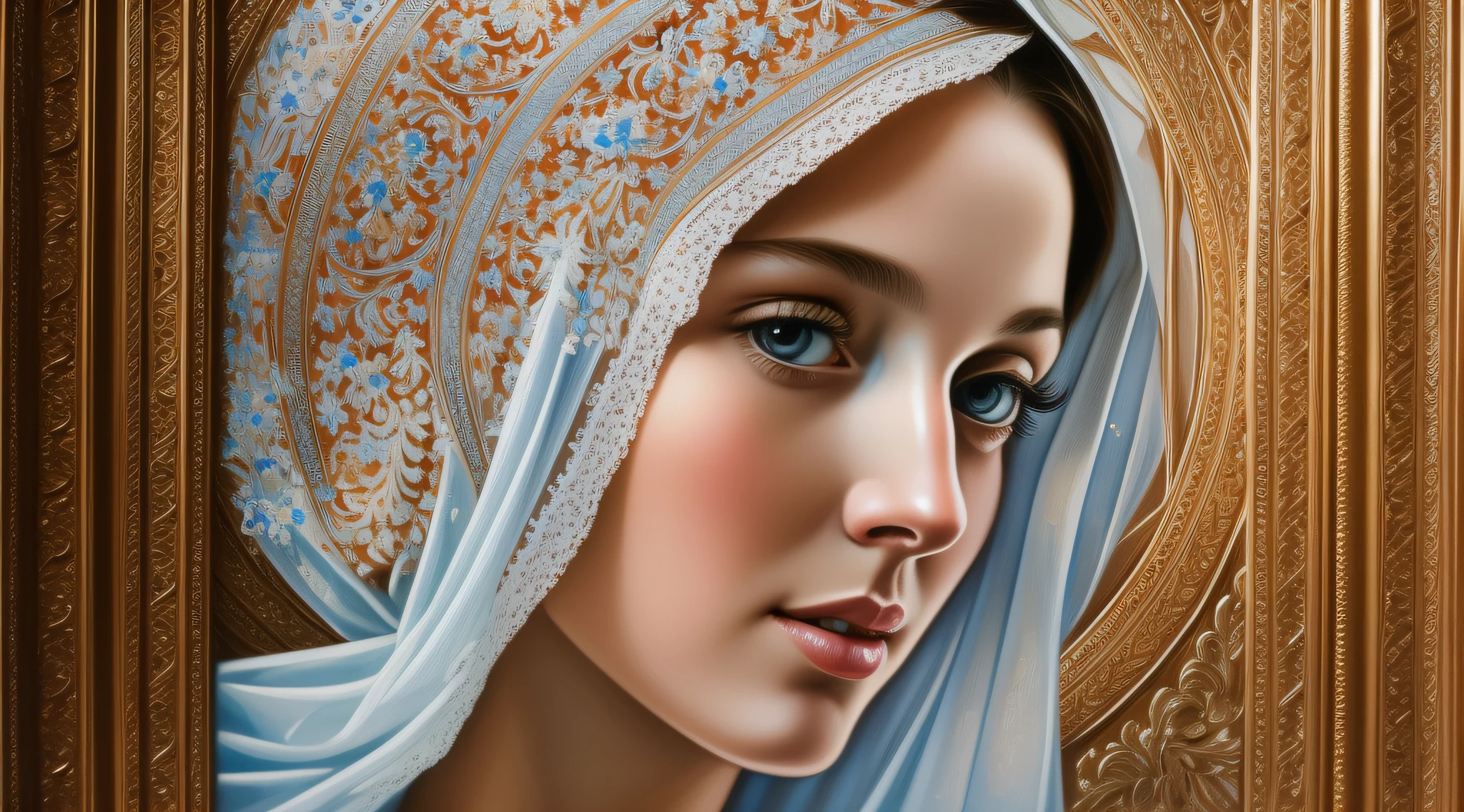 A beautiful ultra-thin realistic portrait of the Virgin Mary, white outfit with blue details, ((divinity)), full body, biblical, realistic, intricate details, by Abbott Fuller Graves, Bartolome Esteban Murillo, Jc Leyendecker, Craig Mullins, Peter Paul Rubens, (Caravaggio), Trend in Artstation, 8k, Concept Art, Fantasy Art, PhotoRealistic, Realistic, Illustration, Oil Painting, Surrealism, HyperRealistic, brush brushes, Digital art, style, watercolour