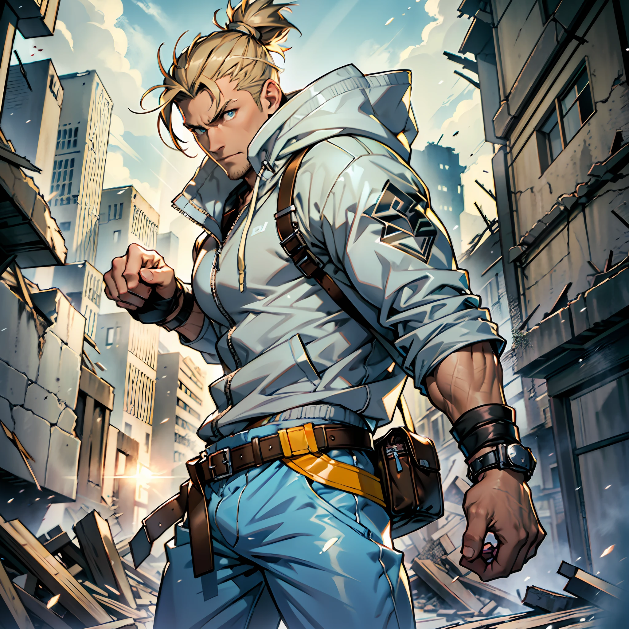 Muscular man, strong physique, gray hooded windbreaker, long light blue pants, white boots, spiky brown hair, spiky topknot, short hair, light yellow colored eyes, outgoing appearance, white bands in his hands, excited look, ancient kingdom, fighting in ruins, man in his 30s.