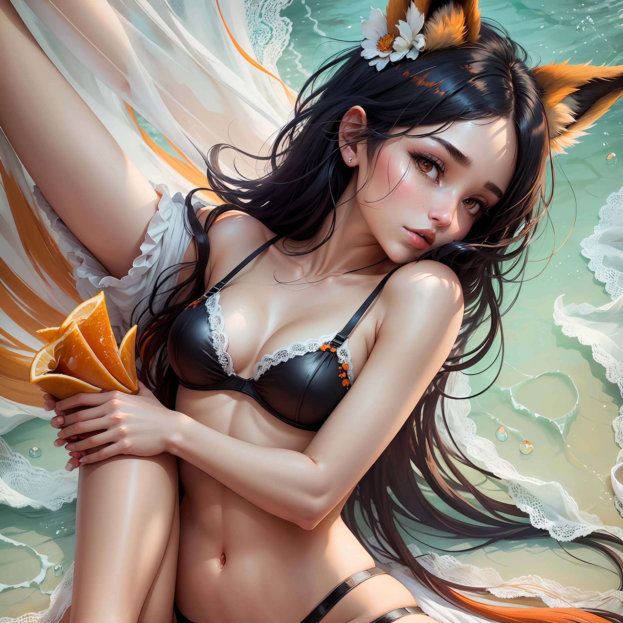 girl, , height: 1.55, black hair with orange locks, orange fox ears, and orange fox syrup, falling gently down her shoulders as she holds the bra straps in her hands, this torn bra showing a mixture of sensuality and vulnerability. The white chiffon bra exra thin. The chiffon bra exra fine creaking The chiffon bra exra thin adds a touch of femininity and sophistication to your look, extra thin panties torn, extra thin panties torn sexualizing, extra thin panties torn chiffon wet body, wet with milk, sexualizing, cup, on the beach, sexualizing completely. toenail painted red.sexualizing with BDSM ties, raw sensuality.