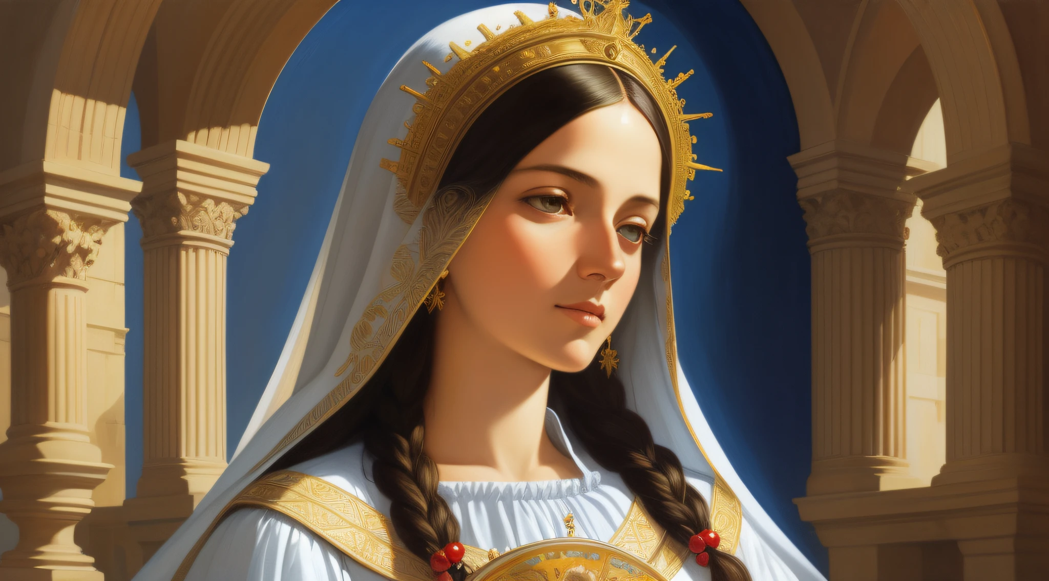 A beautiful ultra-thin realistic portrait of the Virgin Mary, white outfit with blue details, ((divinity)), full body, biblical, realistic, intricate details, by Abbott Fuller Graves, Bartolome Esteban Murillo, Jc Leyendecker, Craig Mullins, Peter Paul Rubens, (Caravaggio), Trend in Artstation, 8k, Concept Art, Fantasy Art, PhotoRealistic, Realistic, Illustration, Oil Painting, Surrealism, HyperRealistic, brush brushes, Digital art, style, watercolour