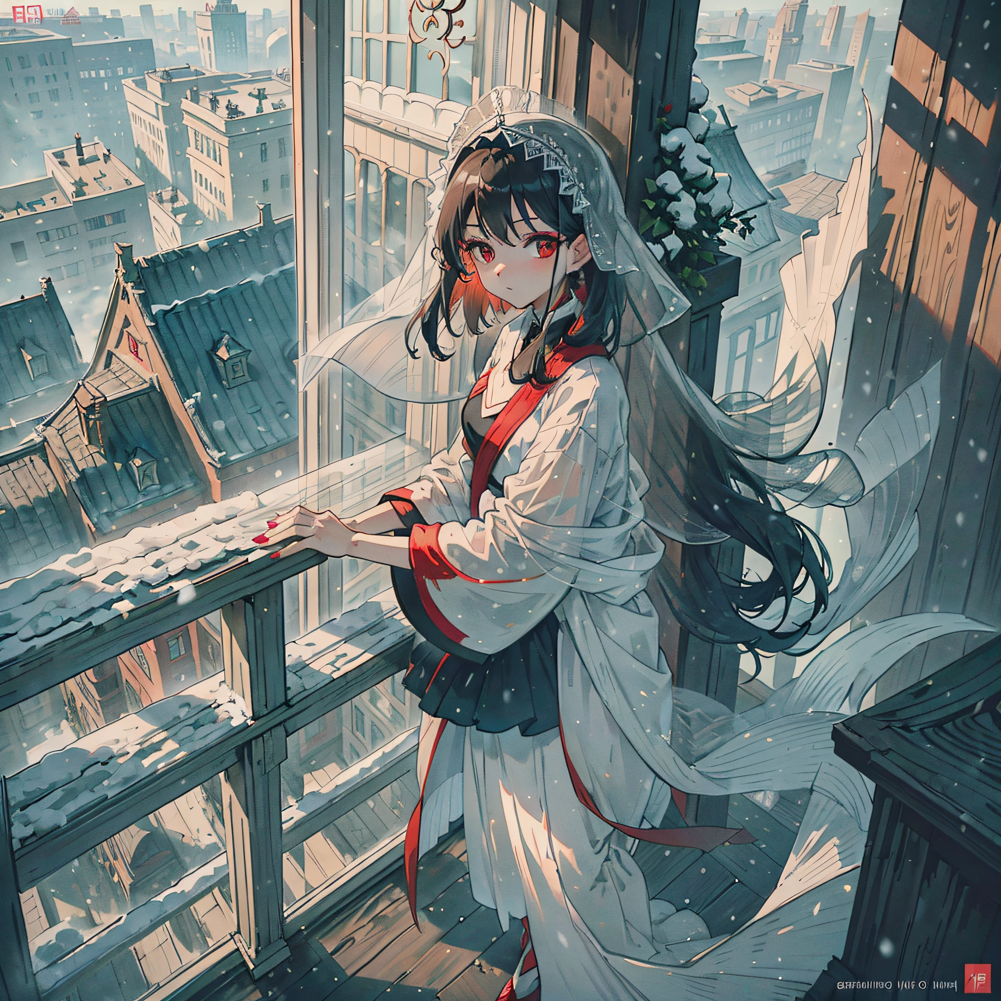 (Reina Matsuoka Long hair: 1.3+ short hair, red nails: 1.2), (actor | role) heroine, eyebrows, thin eyeliner, slender jade hands, (skin snow white | pure white), veil, fashion black pencil pants, black high heels, standing on the balcony of a modern building, next to abstract sculptures, leaning on the railing, the expression seems to be looking into the distance, the sunlight shines through the glass curtain wall, sprinkling bright light, the whole picture is mainly blue, but with a touch of warmth. --auto --s2