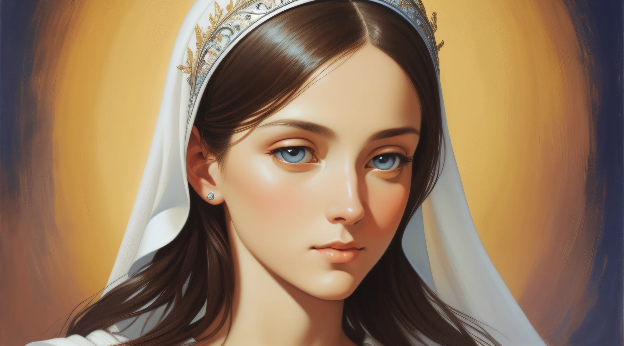 A beautiful ultra-thin realistic portrait of the Virgin Mary, white outfit with blue details, ((divinity)), full body, biblical, realistic, intricate details, by Abbott Fuller Graves, Bartolome Esteban Murillo, Jc Leyendecker, Craig Mullins, Peter Paul Rubens, (Caravaggio), Trend in Artstation, 8k, Concept Art, Fantasy Art, PhotoRealistic, Realistic, Illustration, Oil Painting, Surrealism, HyperRealistic, brush brushes, Digital art, style,  watercolour