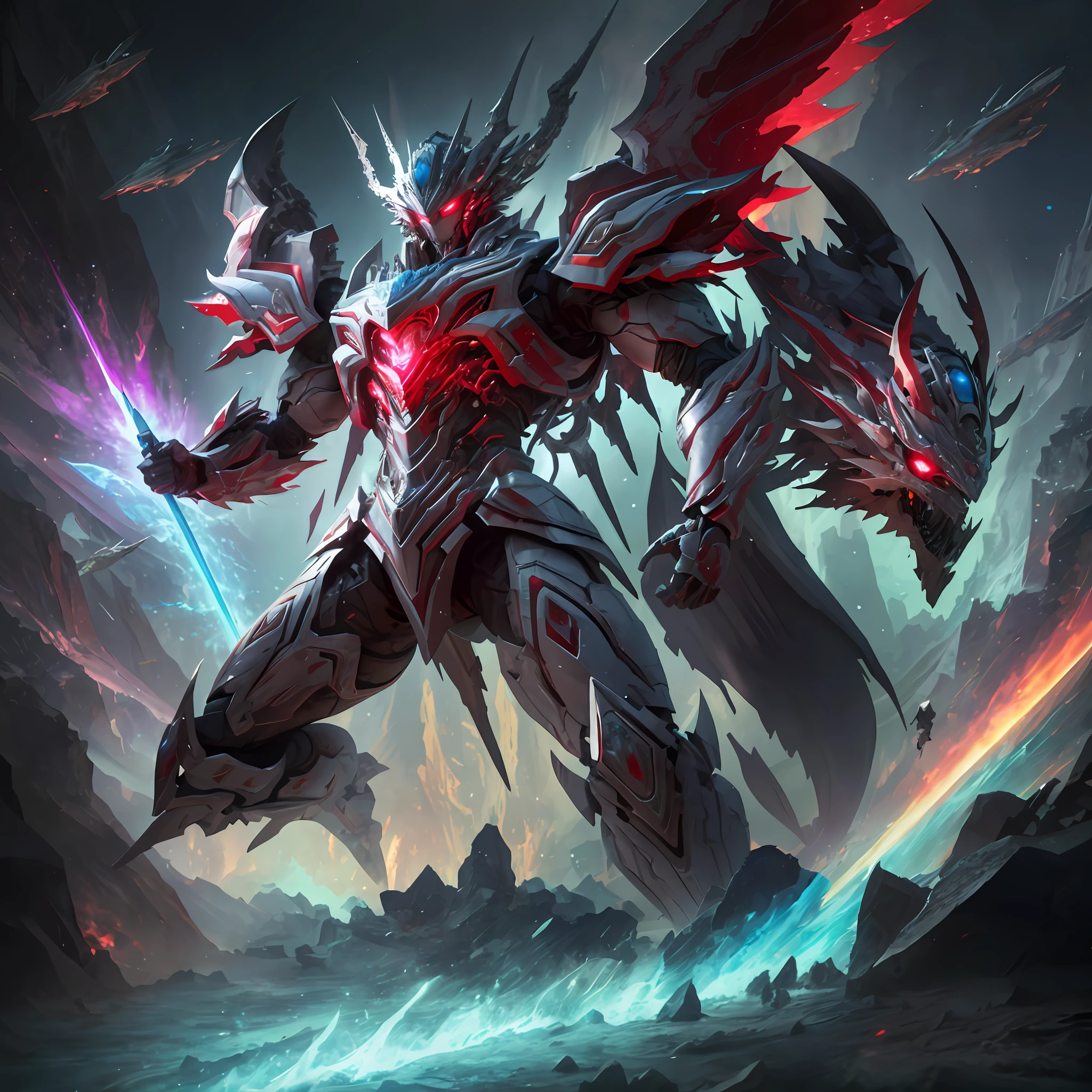 ((Masterpiece)), (Best Quality)), 8k, High Detail, Ultra Detailed, Abs, Armor Showing, Extremely Detailed CG Unity 8k Wallpaper, 1 Mecha Boy, {White Bones|Rainbow|Ice Crystal|Blood Demon|Phantom Dragon|Thor}, Red Eyes, Sci-Fi, War, Conflict, Grandeur, Weapons, Fully Armed, (Floating Color {Wind|Water Magic|Ink|Crystal|Fire|Ice|Flame|Lightning|Network|Rock|Sand|Particles|Spark|Blood}:1)