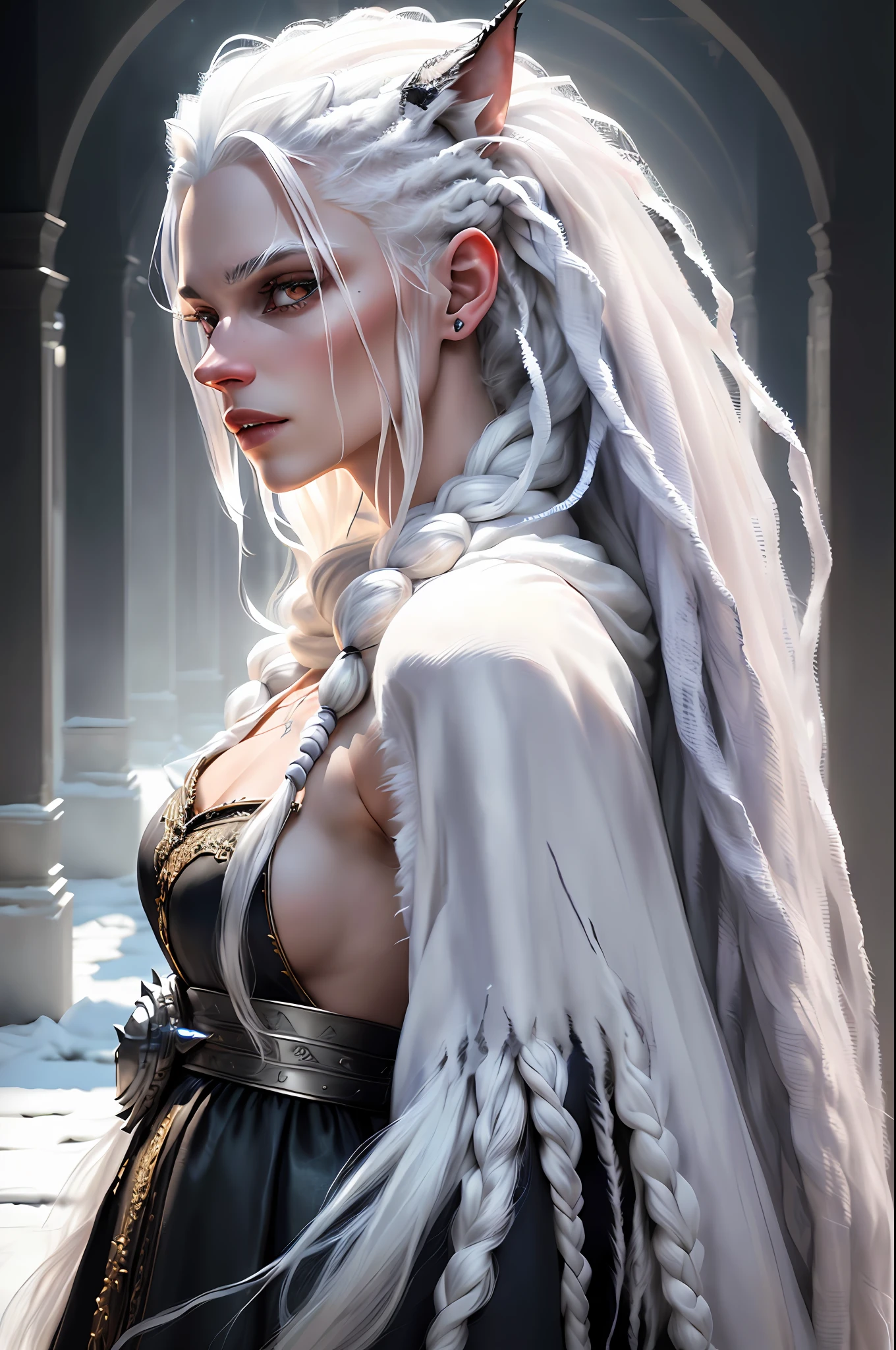 White werewolf (female), werewolf, hairy all over, lots of hair, white hair, white dreadlocks on the head, Fantasy, global lighting, backlight, bloom, ((cold light)), sharp focus, photo realistic, detailed skin, Background defocus, film composition, super Detail, realistic, super realistic, Capacity Lighting, 8k, Trends on artstation, (from the side :1.25)