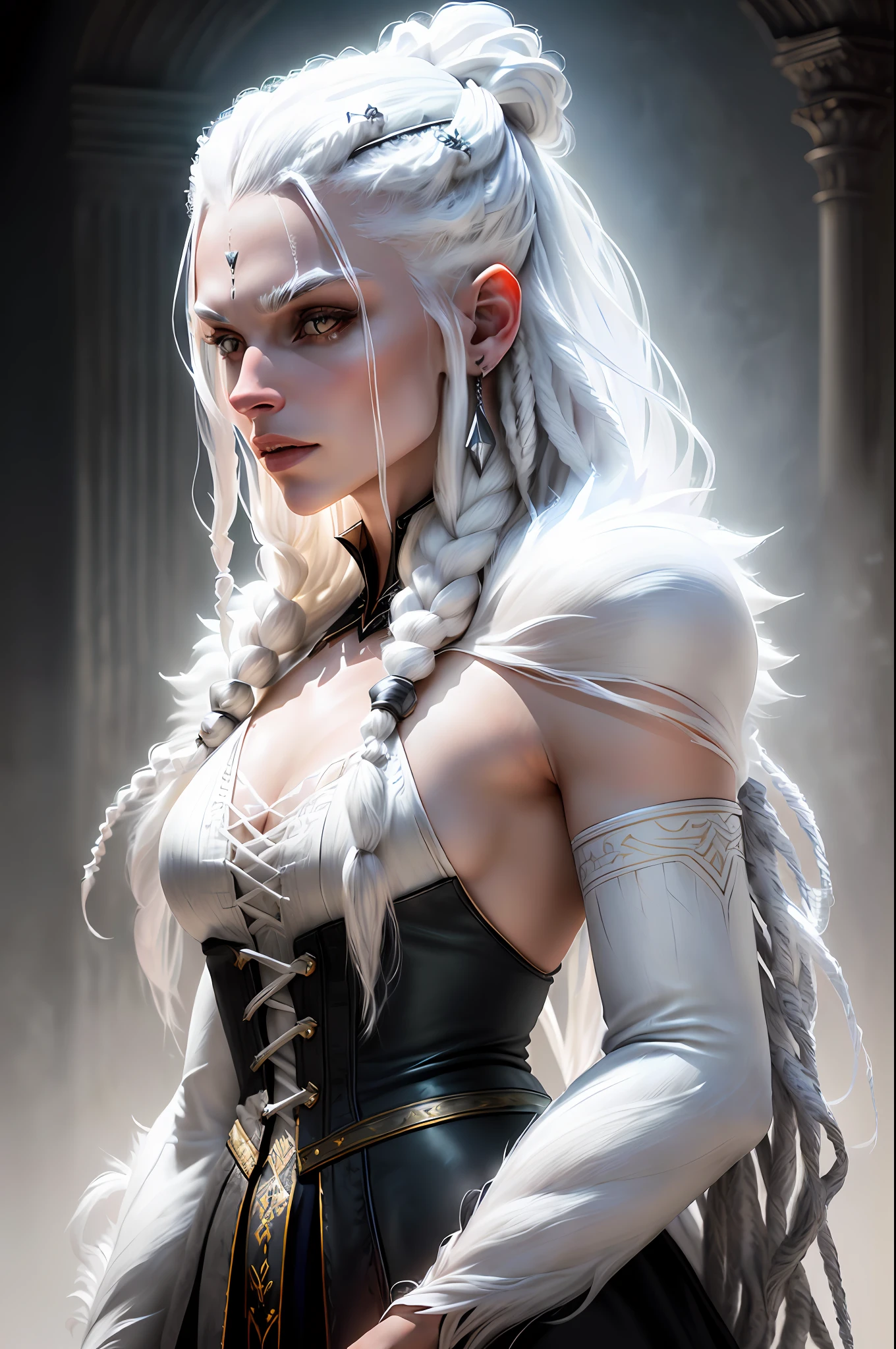 White werewolf (female), werewolf, hairy all over, lots of hair, white hair, white dreadlocks on the head, Fantasy, global lighting, backlight, bloom, ((cold light)), sharp focus, photo realistic, detailed skin, Background defocus, film composition, super Detail, realistic, super realistic, Capacity Lighting, 8k, Trends on artstation, (from the side :1.25)
