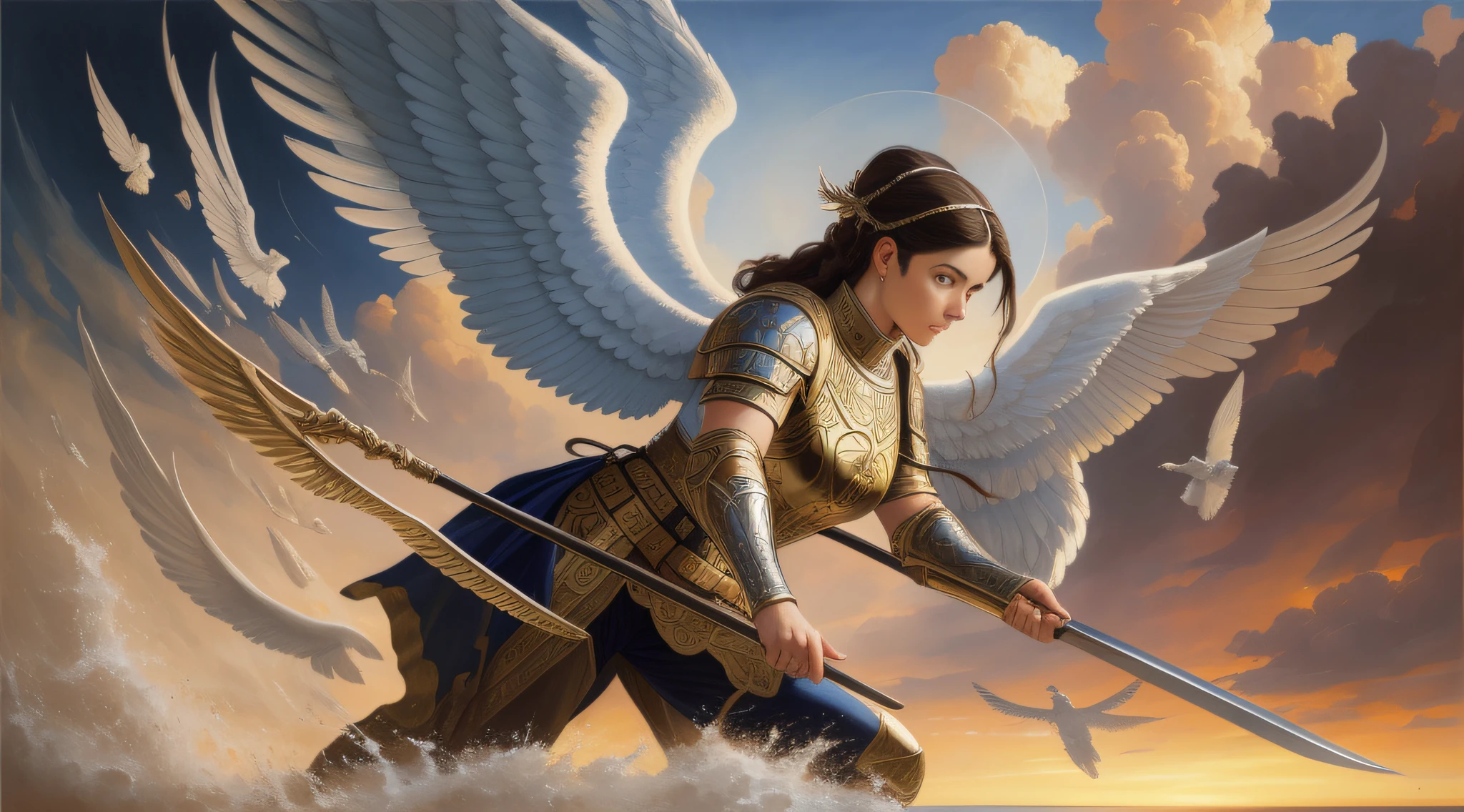 A beautiful ultra-thin realistic portrait of the archangel Michael, in combat posture, full body, biblical, realistic, intricate details, by Abbott Fuller Graves, Bartolome Esteban Murillo, jc leyendecker, craig mullins, peter paul rubens, (caravaggio), trend in artstation, 8k, Concept Art, Fantasy Art, PhotoRealistic, Realistic, Illustration, Oil Painting, Surrealism, HyperRealistic, brush brushes, Digital art, style, watercolor