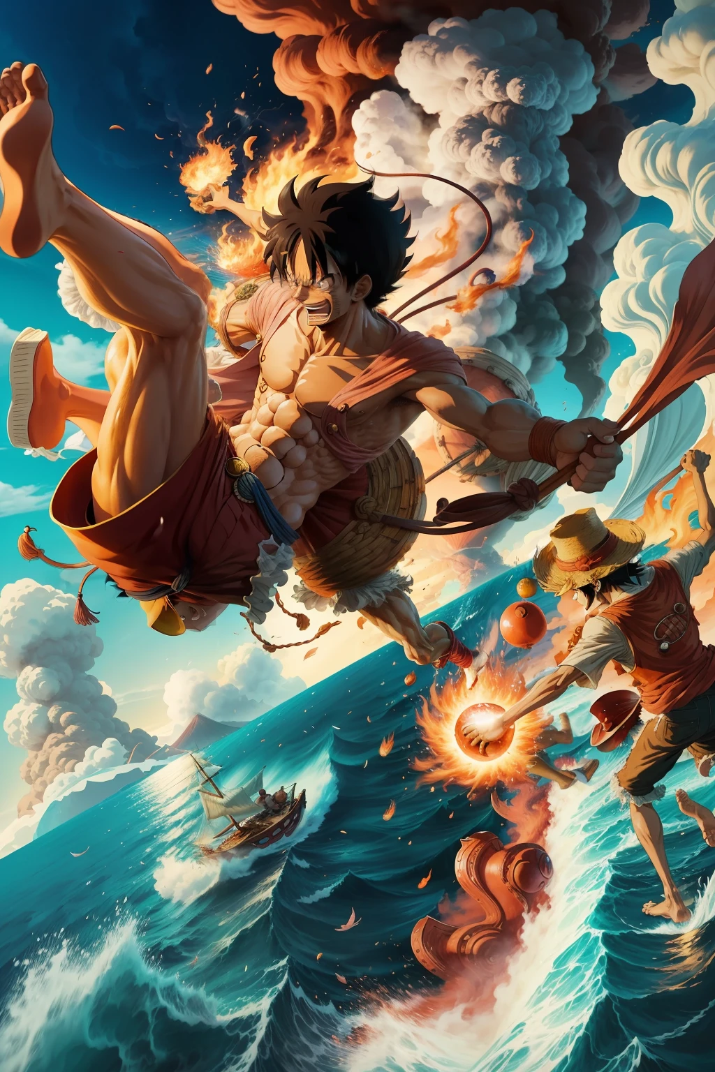 Luffy and Don Flamingo Fighting frantically using Haki in their hands and feet in 3D flying over a large ocean with ultra-realistic erupting volcanoes --auto --s2