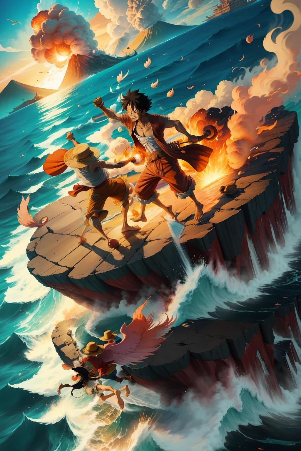Luffy and Don Flamingo Fighting frantically using Haki in their hands and feet in 3D flying over a large ocean with ultra-realistic erupting volcanoes --auto --s2