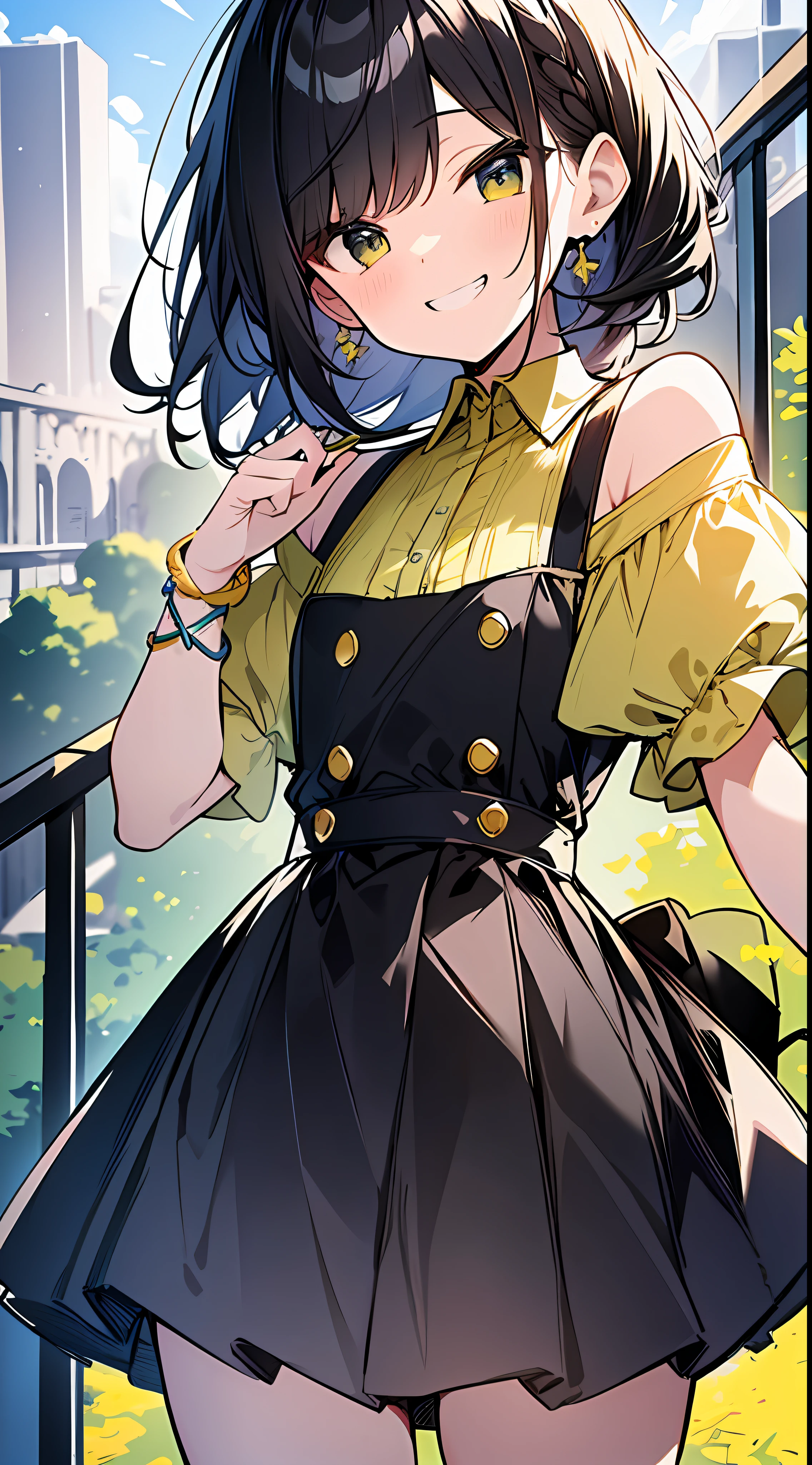 Top Quality, Masterpiece, High Resolution, 8k, Yellow Green Shirt and Skirt Anime Style Small Loli, Single, Detailed Line Art, Bright White and Bright Amber Style, Digital Enhancement, Anime Core, Flowing Fabric, Close Up, Hair Length to Shoulder and Short Braid, Beautiful Black Hair, Grin, Looking Up Angle