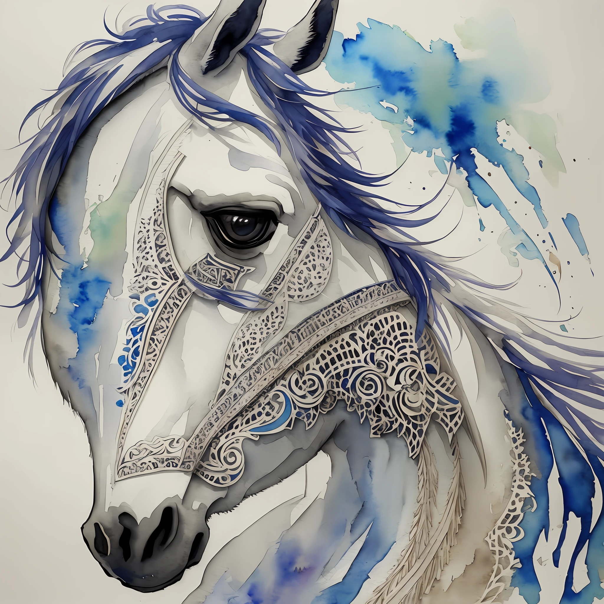 Horse, intricate details, With scattered outline and white background, watercolor, splash --auto --s2