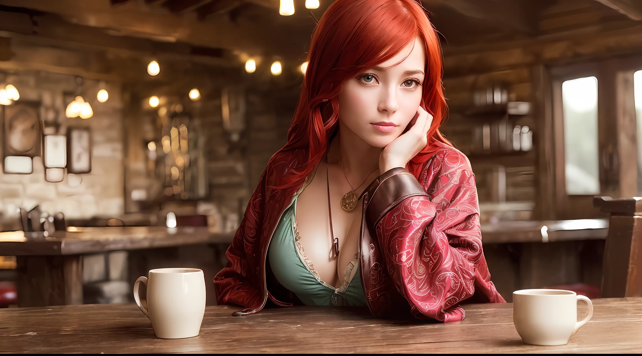 (((((only 1 woman in the image))))), (((1 girl))), (skindentation:1.5), realistic, photorealistic, (masterpiece:1.5), concept art, intricate details, highly detailed, octane rendering, 8k, unrealistic engine, dynamic pose, best quality, high resolution, ((dramatic)), epic, depth of field, 8k, particles, (realistic face:1.1, hyperrealistic:1.1), ((1girl, close-up, medium breasts, perfect eyes, detailed eyes, high quality eyes, perfect face, high quality face, bright skin:1.2, bright face:1.2, embarrassed, blush:0.8, green eyes)), tavern owner, rustic tavern interior in the background, wooden mug, candlelight, sign, jovial fantasy atmosphere, candlelight, (fireplace), (a raining background window), detailed background, blurry wooden bar table as foreground, ((((woman, red hair, perfect hands))), ((Tavern owner, extremely intricate robe, leather clothing, leather belt, boots, padded cloth, gloves, bracelets))