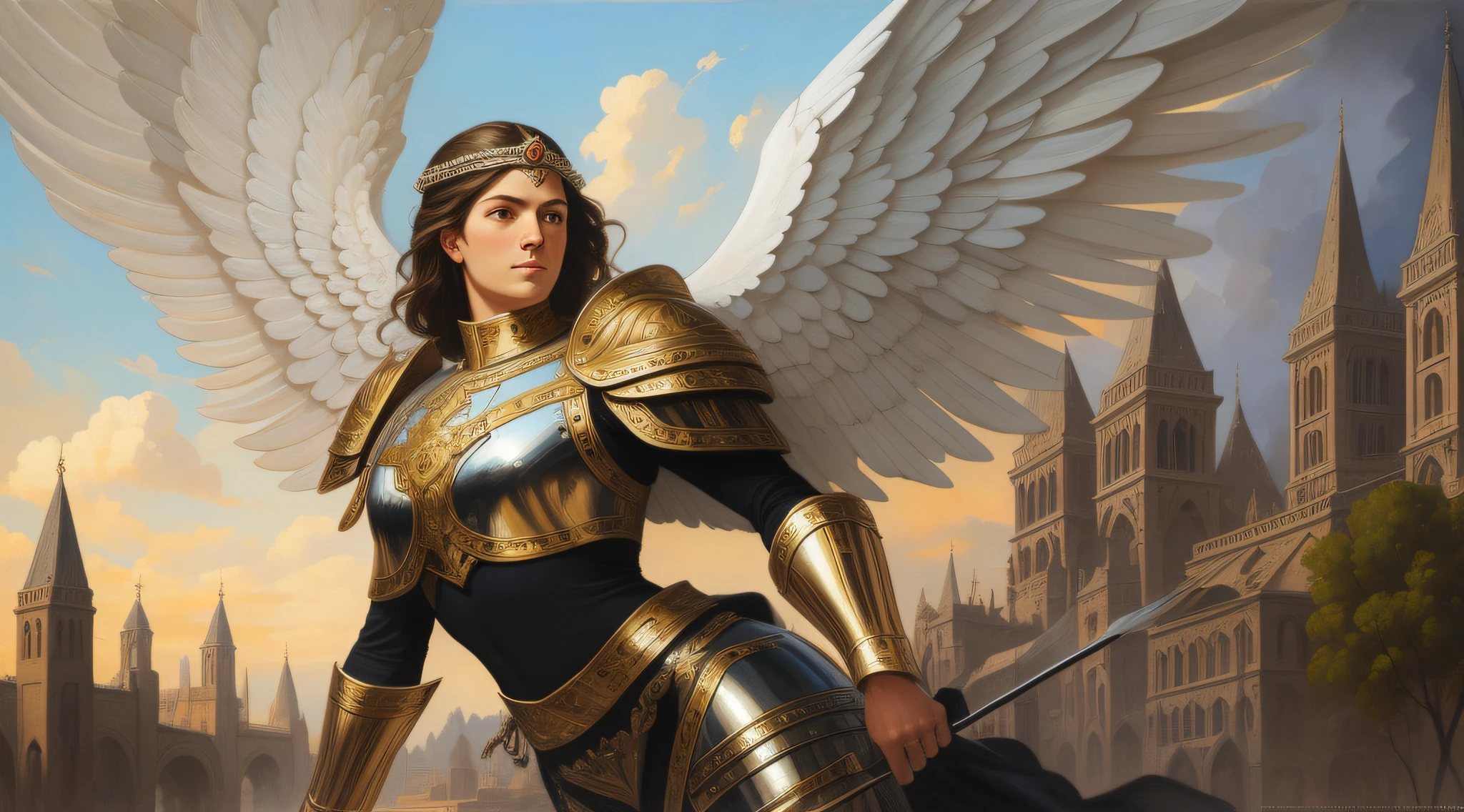 A beautiful ultra-thin realistic portrait of the archangel Michael, in combat posture, full body, biblical, realistic, intricate details, by Abbott Fuller Graves, Bartolome Esteban Murillo, jc leyendecker, craig mullins, peter paul rubens, (caravaggio), trend in artstation, 8k, Concept Art, Fantasy Art, PhotoRealistic, Realistic, Illustration, Oil Painting, Surrealism, HyperRealistic, brush brushes, Digital art, style, watercolor