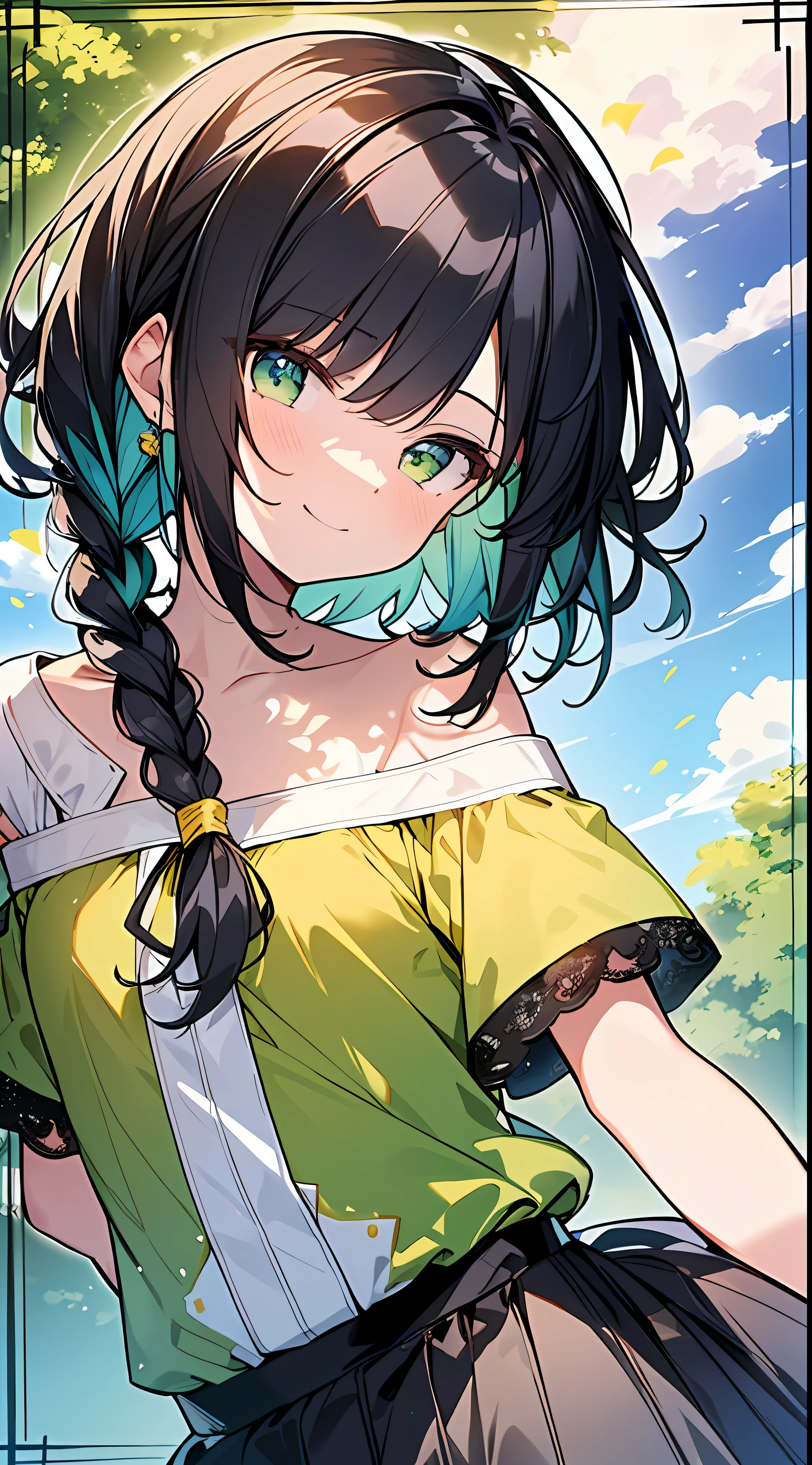 Top Quality, Masterpiece, High Resolution, 8k, Yellow Green Shirt and Skirt Anime Style Small Loli, Single, Detailed Line Art, Bright White and Bright Amber Style, Digital Enhancement, Anime Core, Flowing Fabric, Close Up, Hair Length and Short Braids to Shoulder Opening, Beautiful Black Hair, Smile, Looking Up Angle