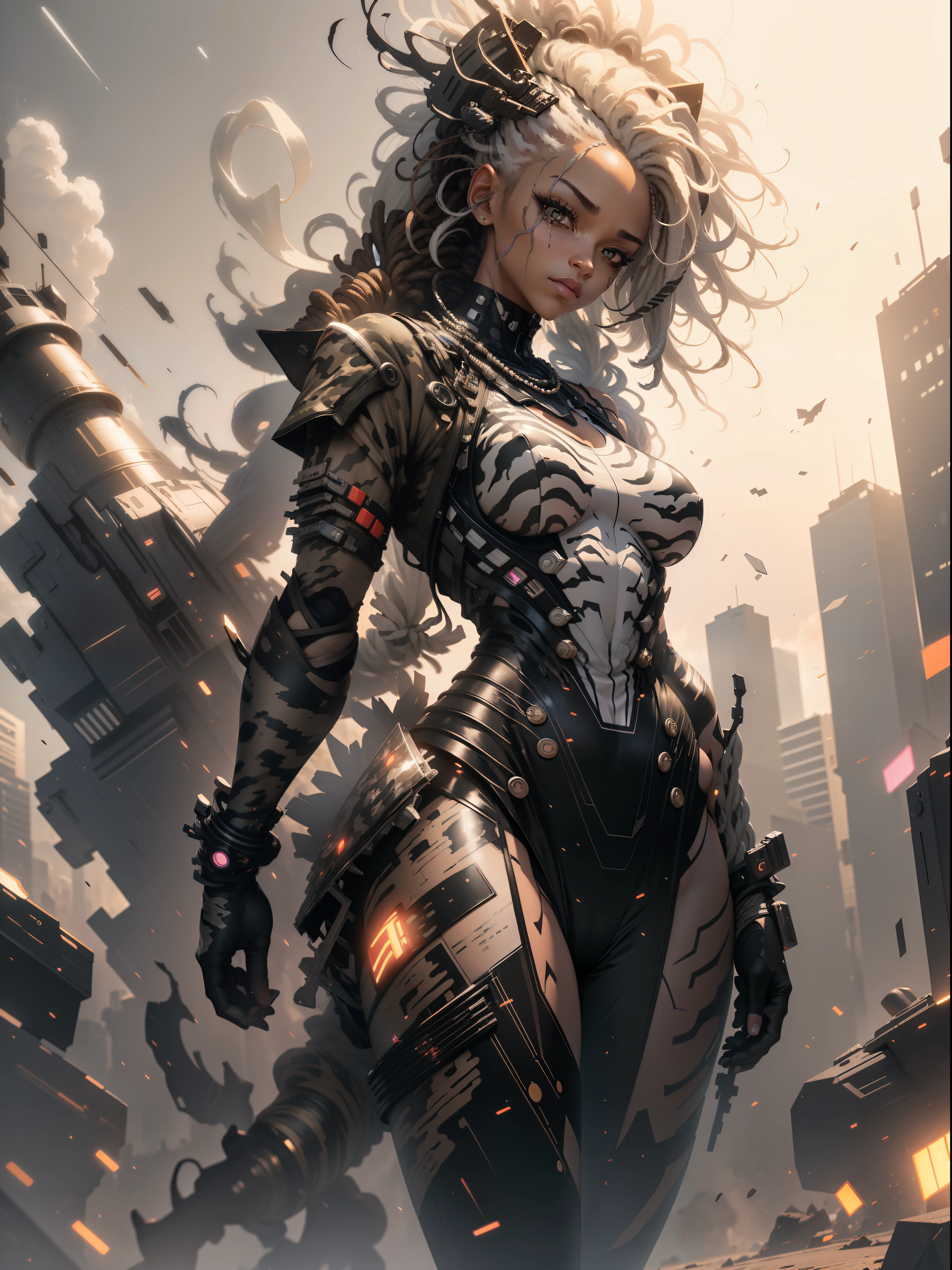 ((Best quality)), ((masterpiece)), (detailed: 1.4), (Absurd), Zulu warrior, zebra, African bracelets and necklaces, black skin, cybernetic hands, Clothing with zebra skin camouflage, explosion of colors, cosmic tattoo, nebulous, sculptural body defined muscle, whole body, half thick naked thighs, closed mouth, body covered by technological clothing, Neon Genesis Evangelion style, cyberpunk, generous neckline, ((perfect medium breasts)),  (super light brown eyes), ((clothing with zebra skin camouflage)), (((black and white hair with dreadlocks)))), long and black eyelashes heavy makeup, various African jewelry, bare legs, by mucha, niji --V5, close to real, psychopath, crazy face, sexy pose, fractal background, 2 piece clothing, pastel, centered, scale to fit the dimensions, HDR (High Dynamic Range), Ray Tracing,NVIDIA RTX,Super-Resolution,Unreal 5,Subsurface Dispersion, PBR Texture, Post-processing, Anisotropic Filtering, Depth of Field, Maximum Clarity and Sharpness, Multilayer Textures, Albedo and Specular Maps, Surface Shading, Accurate Simulation of Light-Material Interaction, Perfect Proportions, Octane Render, Two-Tone Lighting, Wide Aperture, Low ISO, White Balance, Rule of Thirds, 8K RAW, Crysisnanosuit